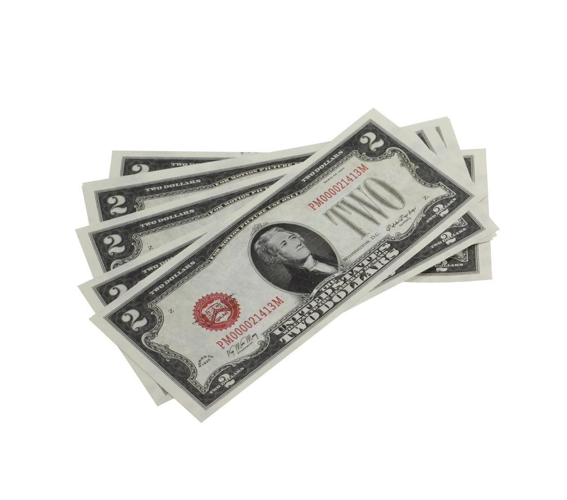 A stack of 1920s Series Vintage $2 Bills with a white bank strap, showcasing detailed vintage design.