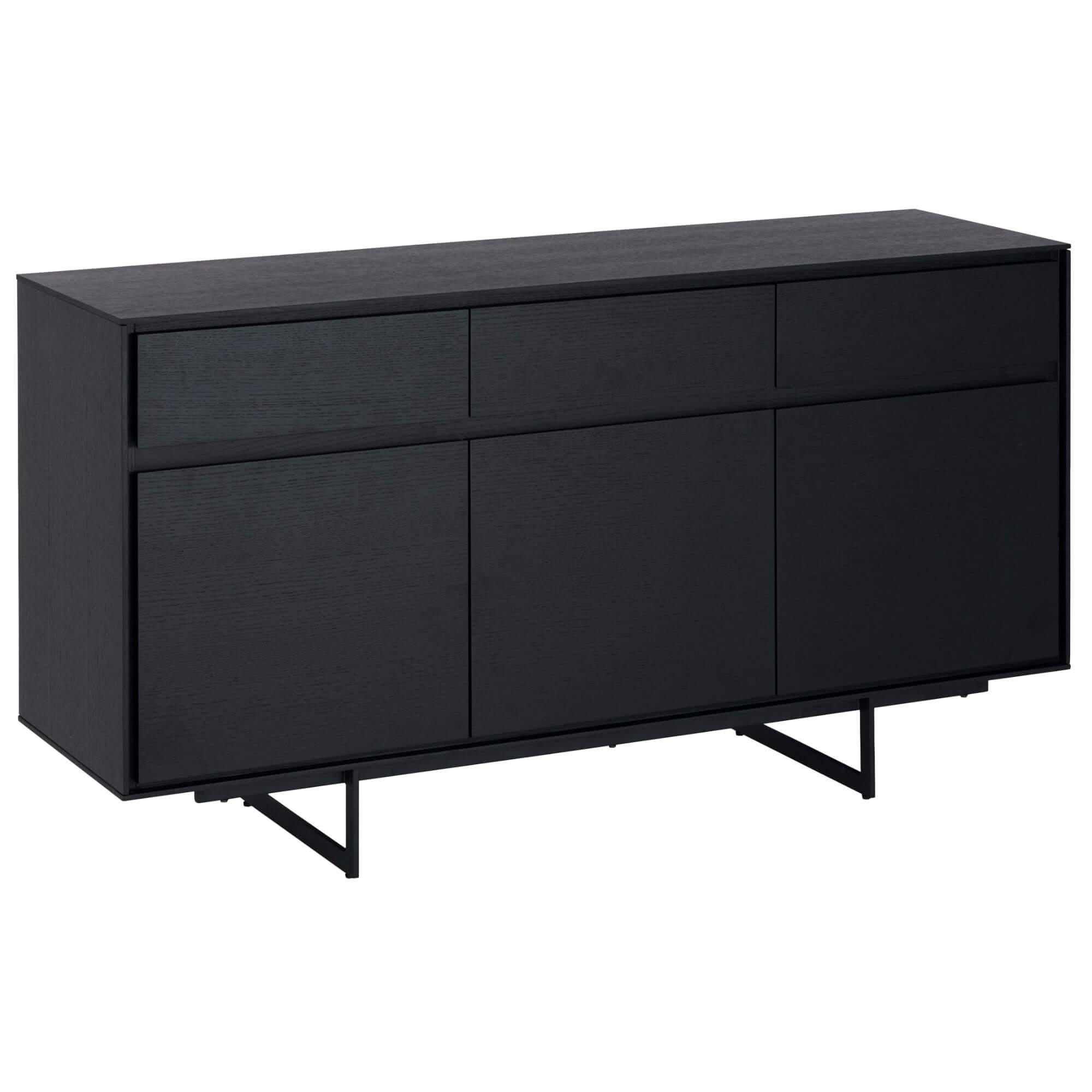 3-Door Sideboard Tokyo in Black Oak with lacquered steel legs, showcasing its modern design and storage features.