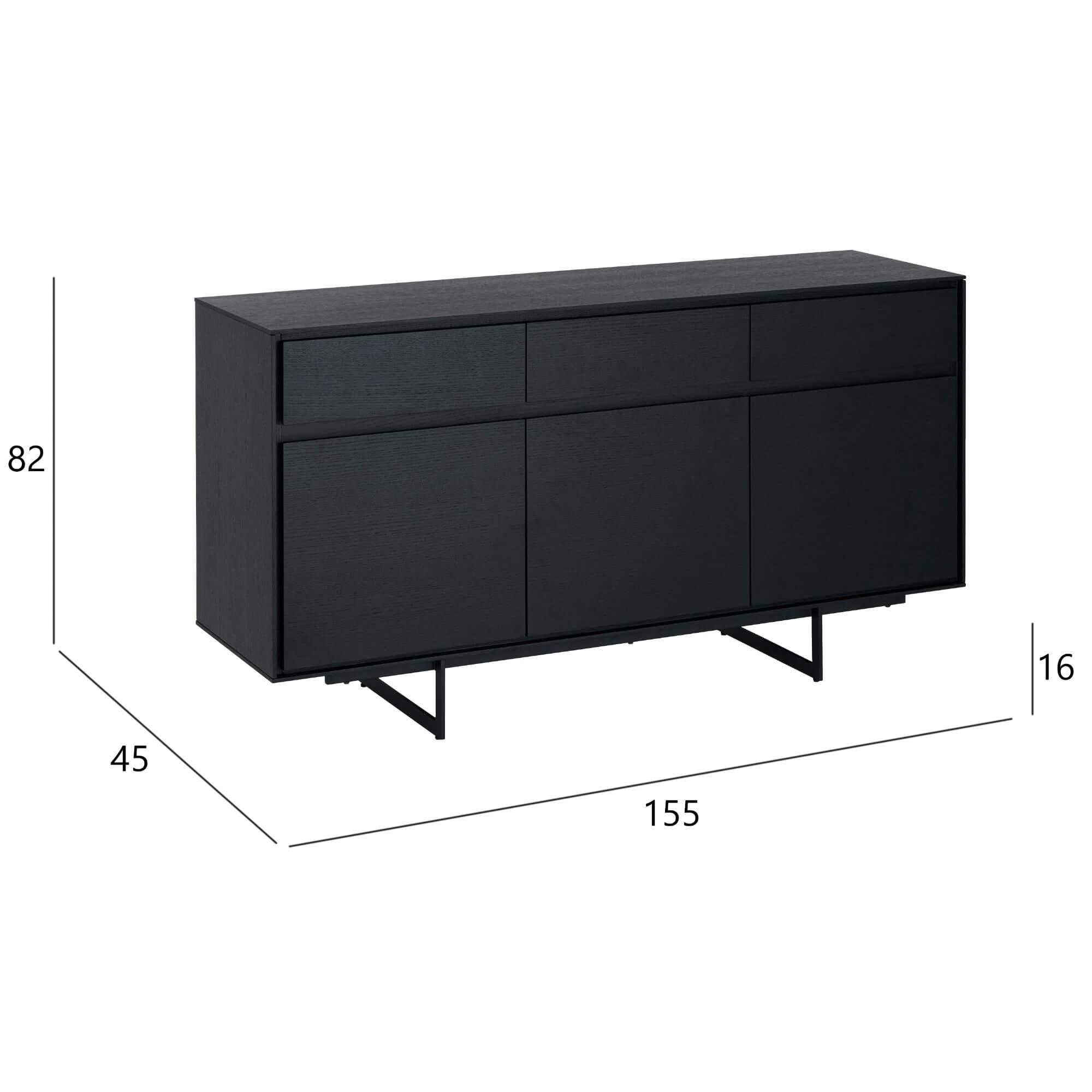 3-Door Sideboard Tokyo in Black Oak with lacquered steel legs, showcasing its modern design and storage features.