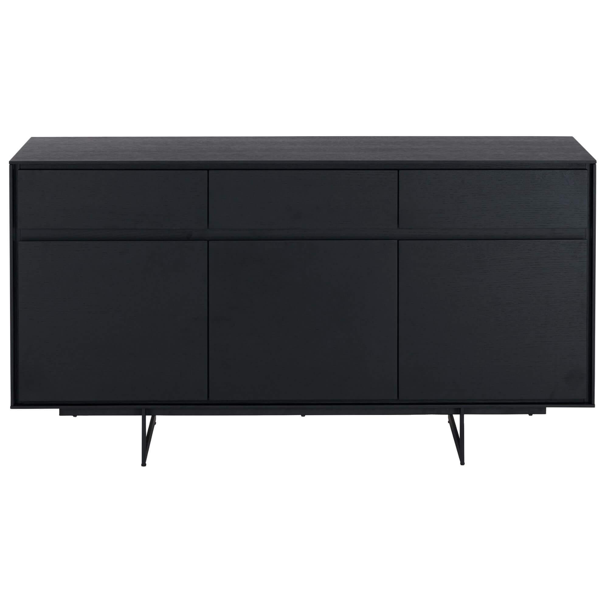 3-Door Sideboard Tokyo in Black Oak with lacquered steel legs, showcasing its modern design and storage features.