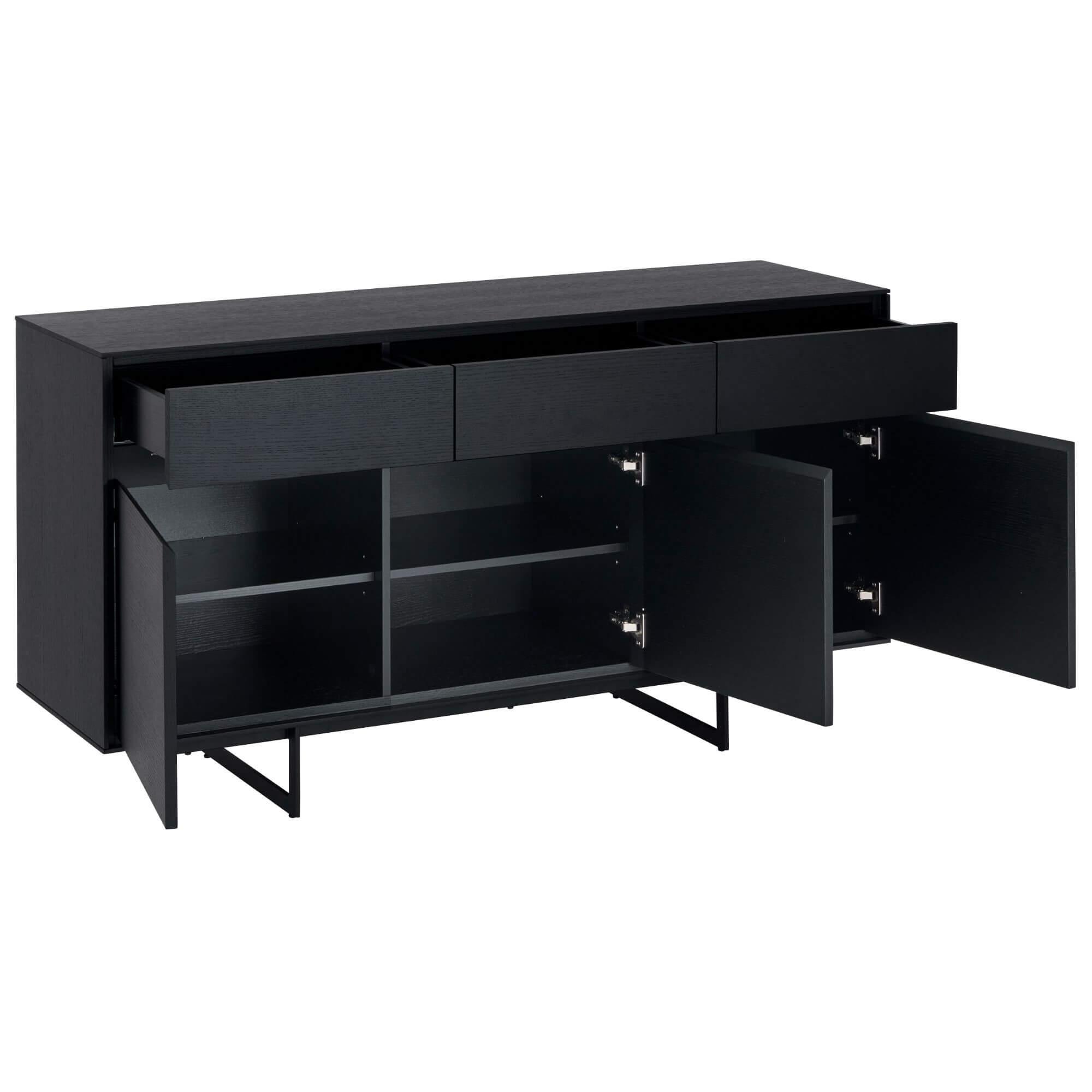 3-Door Sideboard Tokyo in Black Oak with lacquered steel legs, showcasing its modern design and storage features.