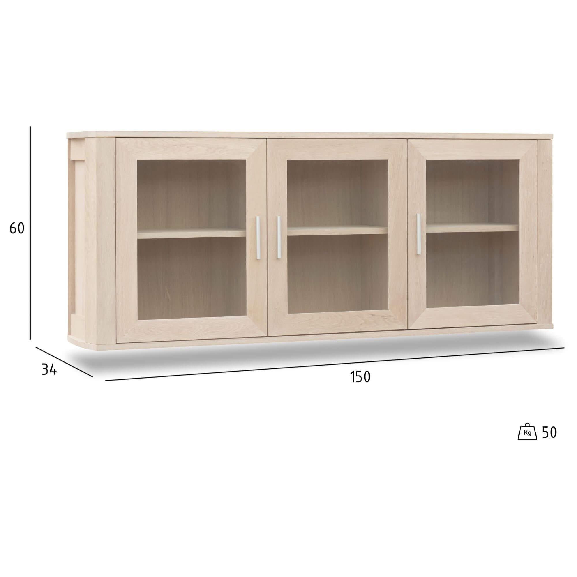 3-Door Wall Cabinet Paris in Solid Oak with white-oil finish and glass doors, showcasing elegant design and ample storage space.