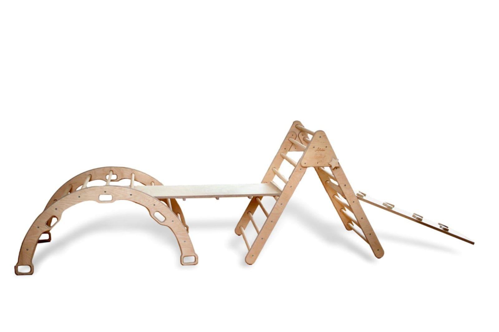 4 Pieces Montessori Climbing Set featuring a climbing triangle, arch/rocker, ladder, and sliding ramps made from natural birch plywood.