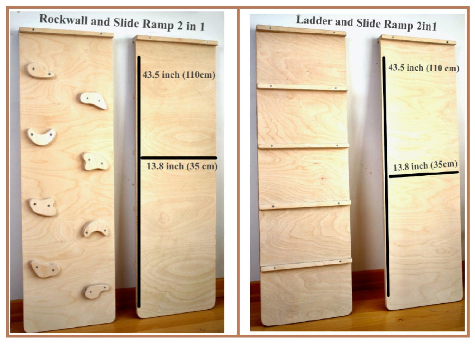 4 Pieces Montessori Climbing Set featuring a climbing triangle, arch/rocker, ladder, and sliding ramps made from natural birch plywood.