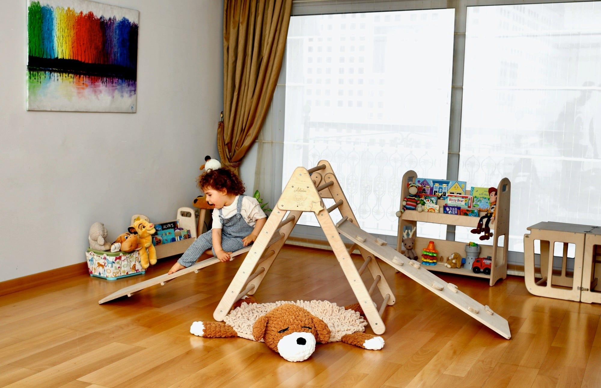 4 Pieces Montessori Climbing Set featuring a climbing triangle, arch/rocker, ladder, and sliding ramps made from natural birch plywood.