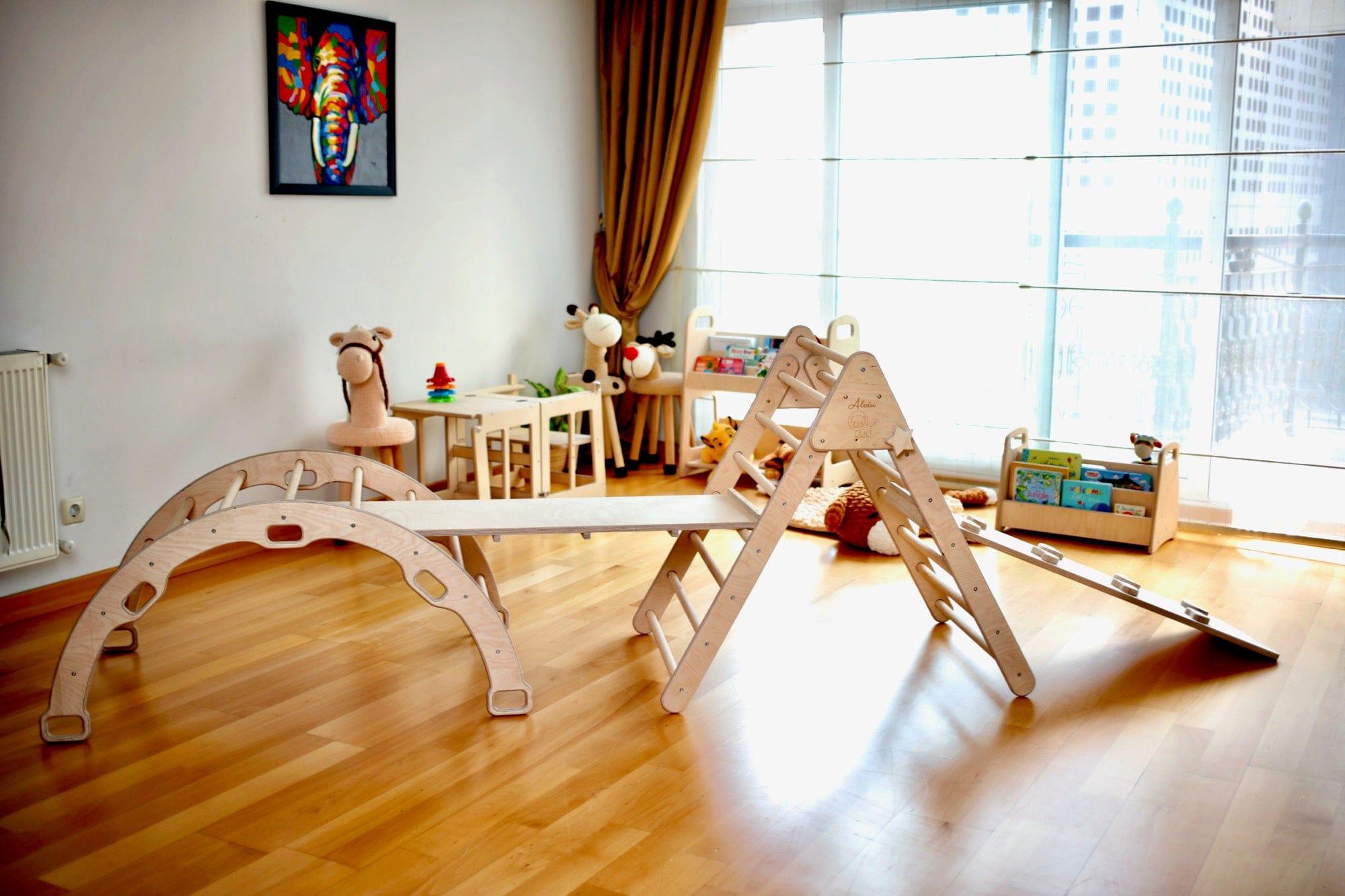 4 Pieces Montessori Climbing Set featuring a climbing triangle, arch/rocker, ladder, and sliding ramps made from natural birch plywood.