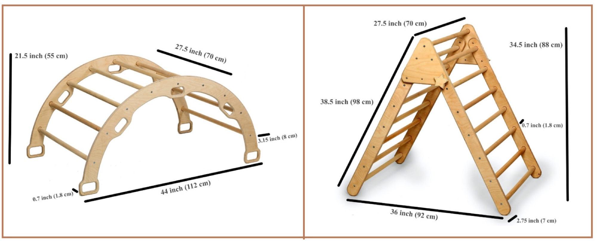 4 Pieces Montessori Climbing Set featuring a climbing triangle, arch/rocker, ladder, and sliding ramps made from natural birch plywood.