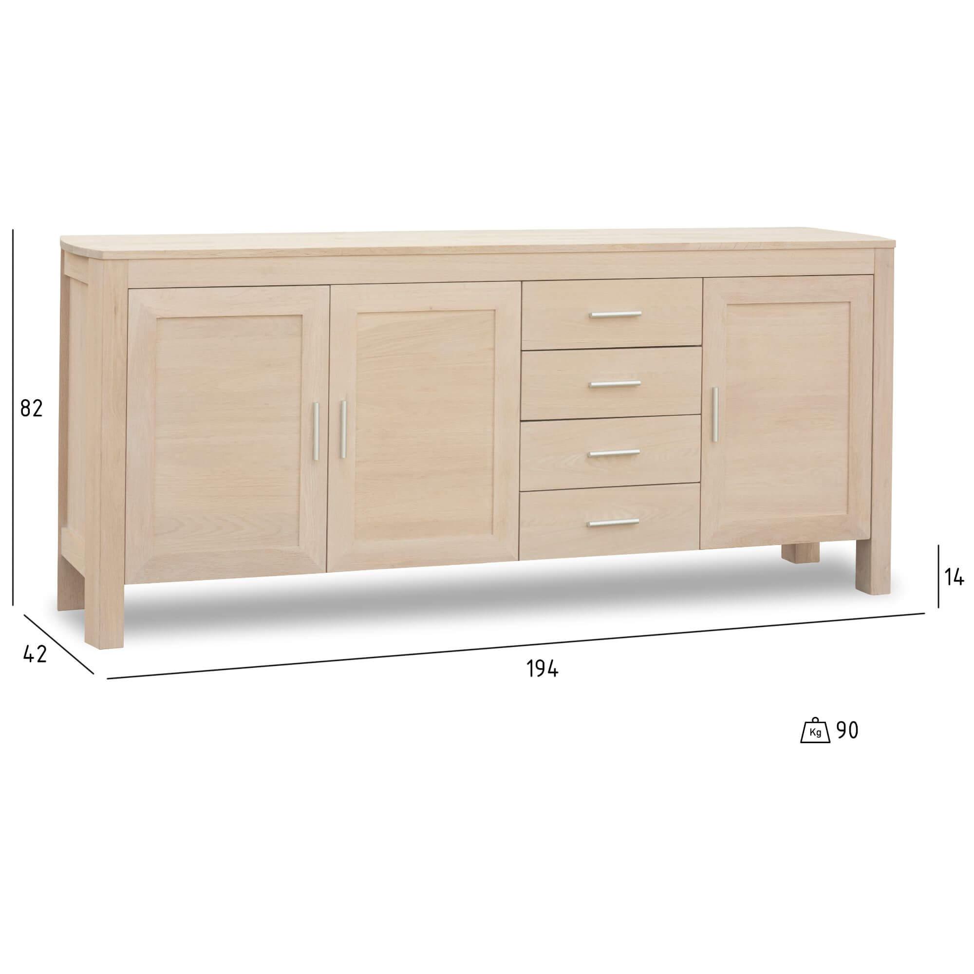 4-Door Sideboard Paris in solid oak finish showcasing minimalist design and natural wood variations.