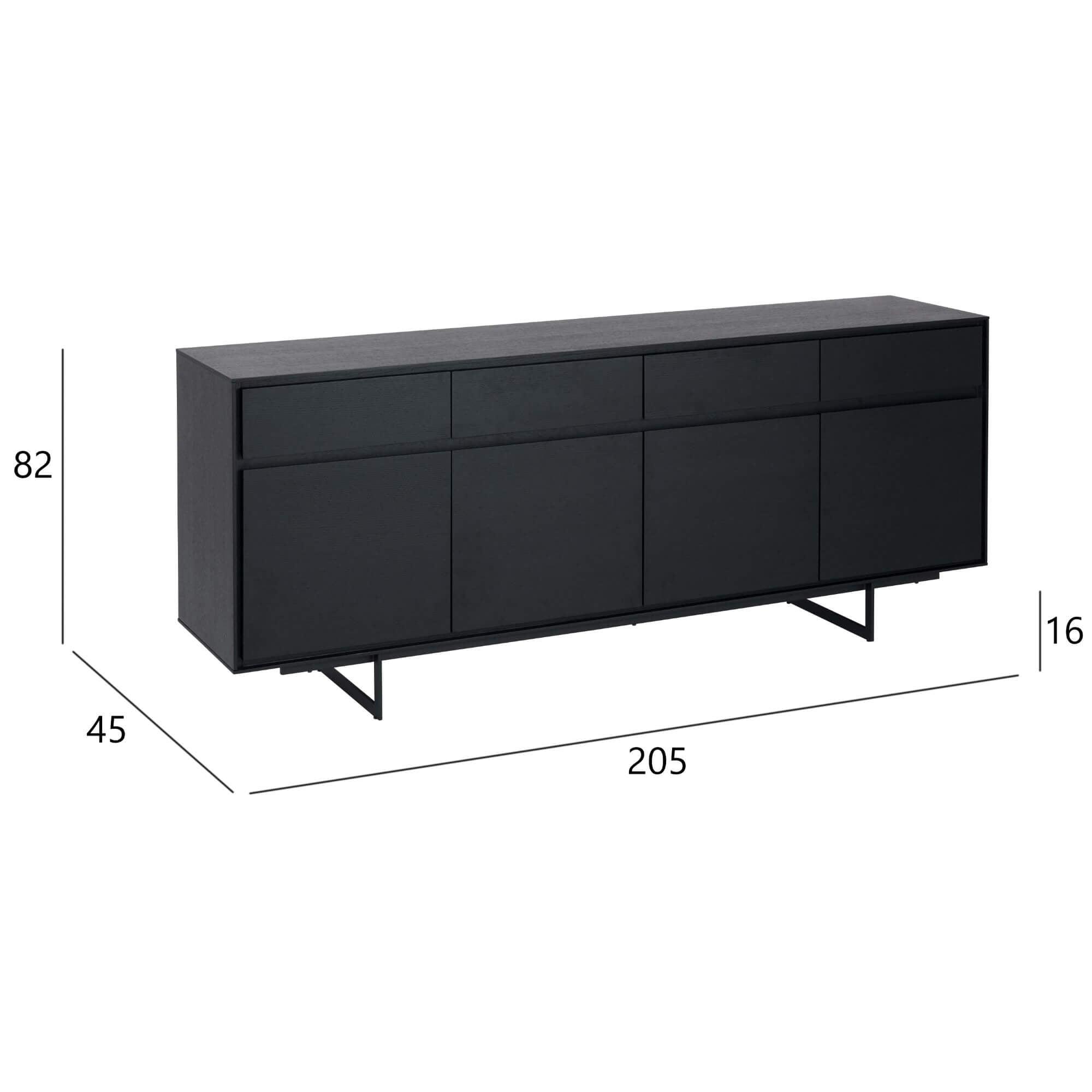 4-Door Sideboard Tokyo in Black Oak with lacquered steel legs, showcasing a modern design and soft-close technology.