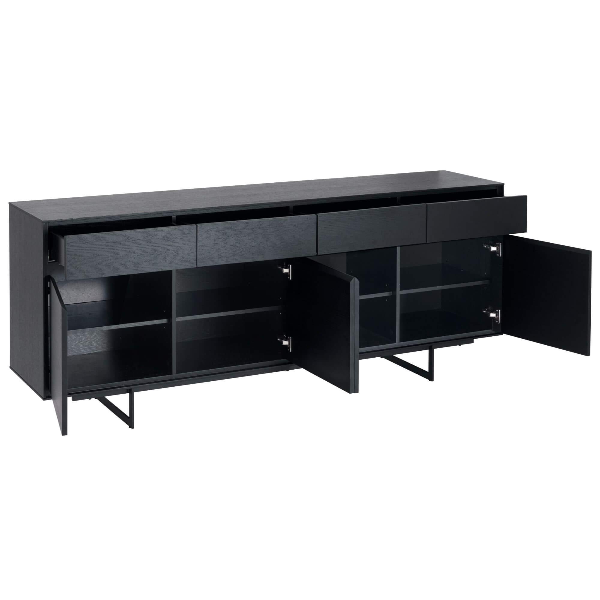 4-Door Sideboard Tokyo in Black Oak with lacquered steel legs, showcasing a modern design and soft-close technology.