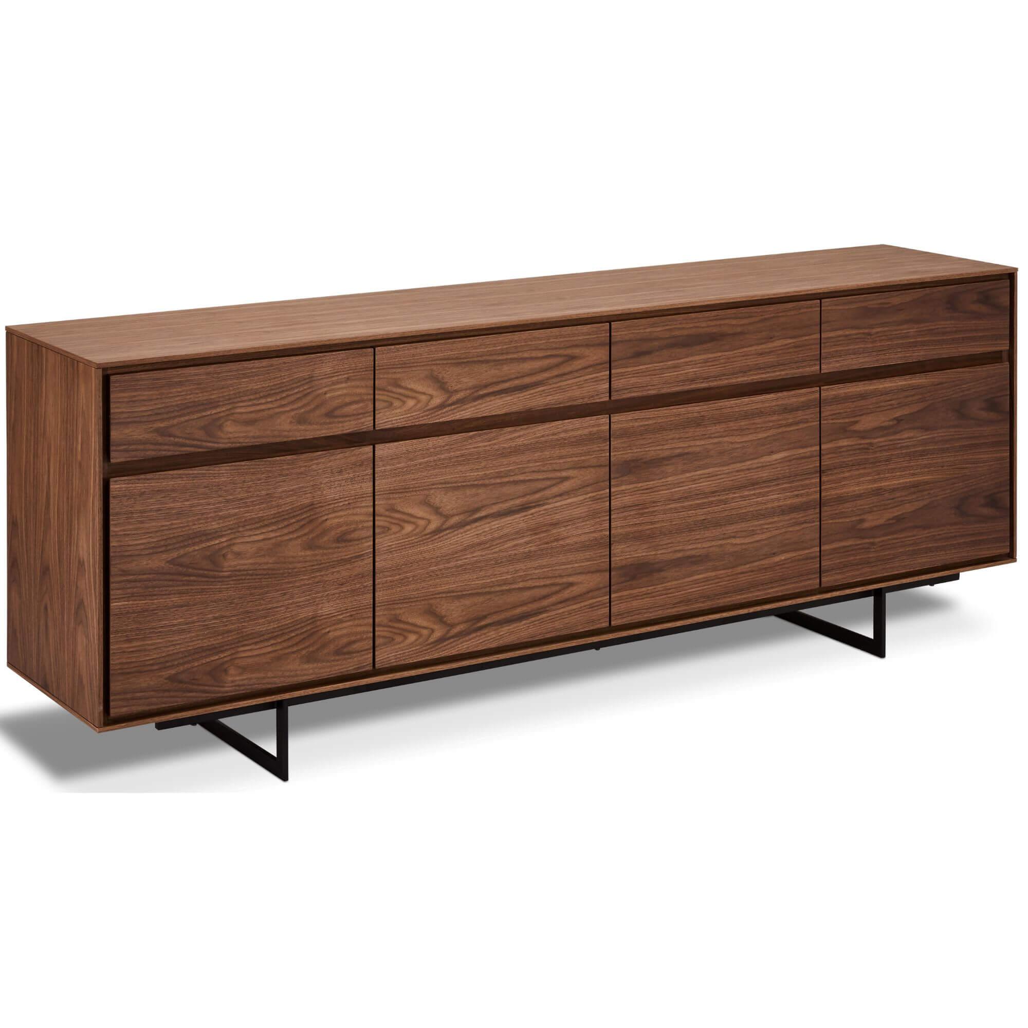 4-Door Sideboard Tokyo Walnut featuring American walnut wood and lacquered steel legs, showcasing a minimalist design with soft-closing doors.