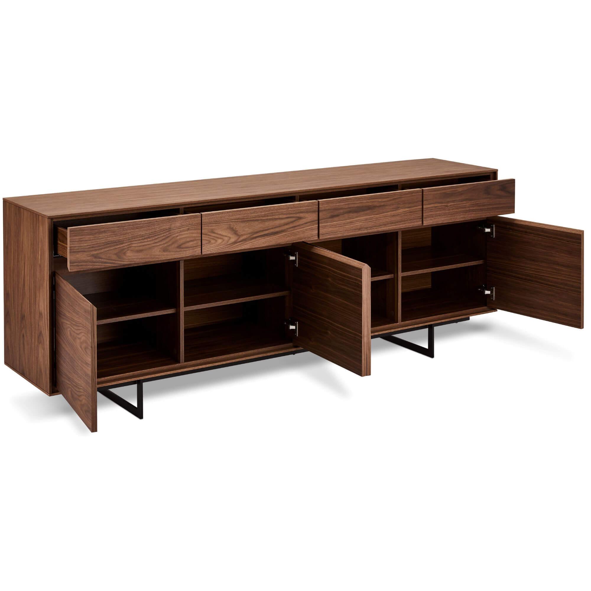 4-Door Sideboard Tokyo Walnut featuring American walnut wood and lacquered steel legs, showcasing a minimalist design with soft-closing doors.