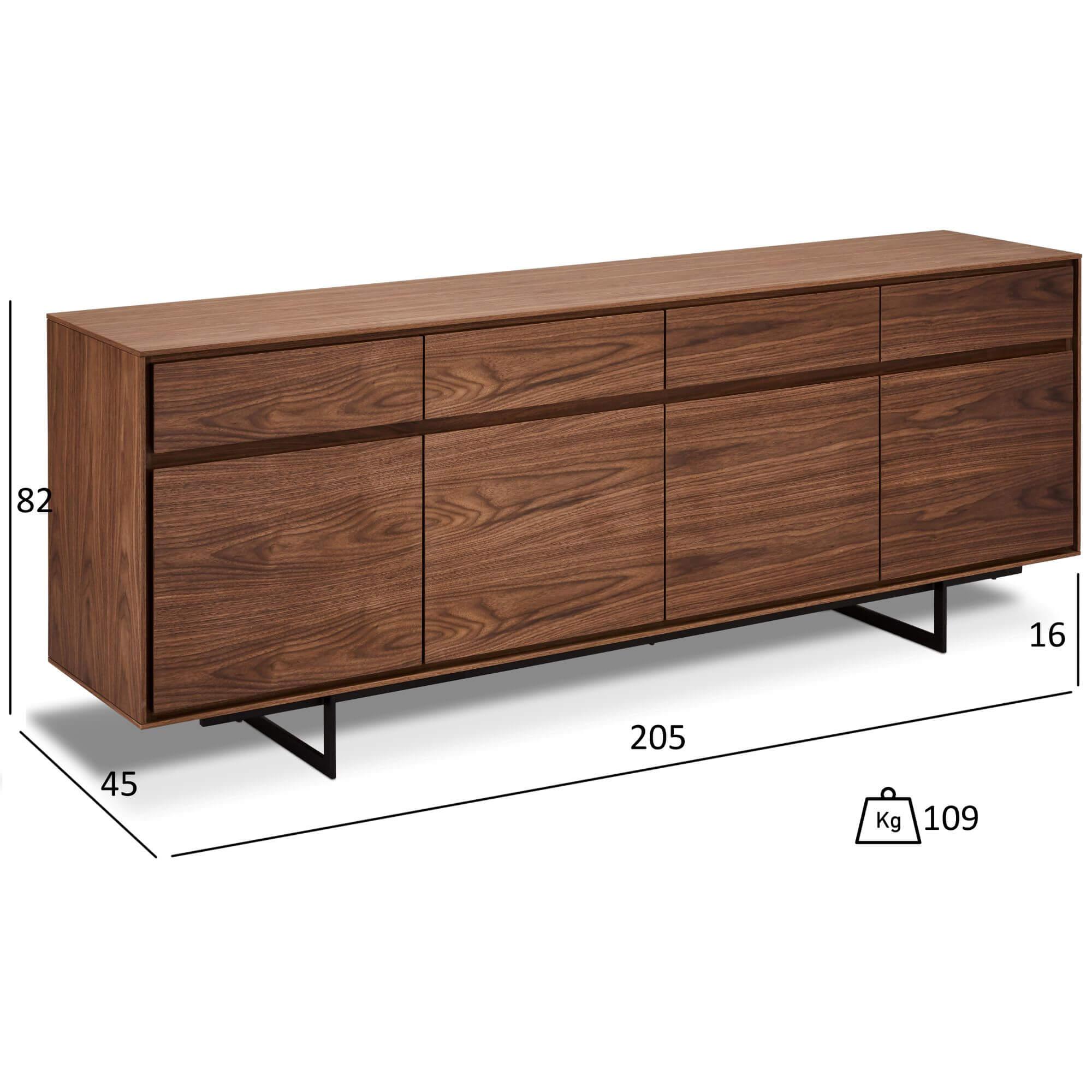 4-Door Sideboard Tokyo Walnut featuring American walnut wood and lacquered steel legs, showcasing a minimalist design with soft-closing doors.