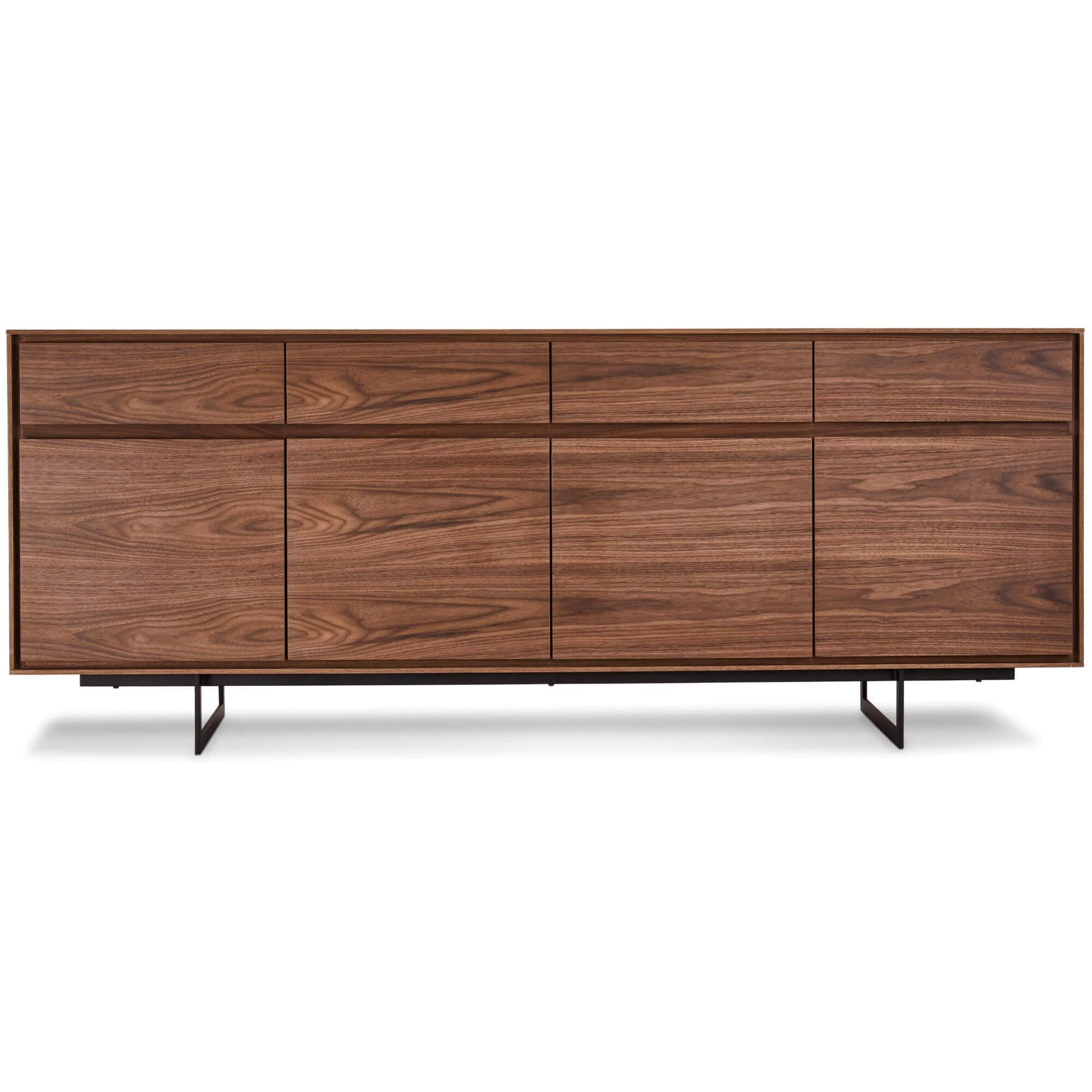 4-Door Sideboard Tokyo Walnut featuring American walnut wood and lacquered steel legs, showcasing a minimalist design with soft-closing doors.