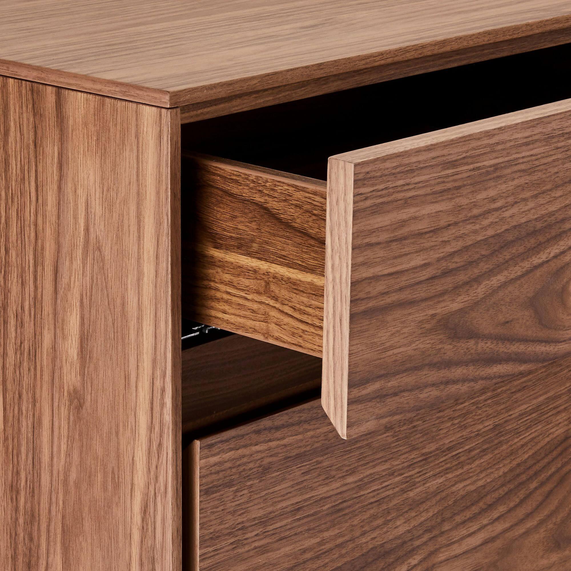 4-Door Sideboard Tokyo Walnut featuring American walnut wood and lacquered steel legs, showcasing a minimalist design with soft-closing doors.