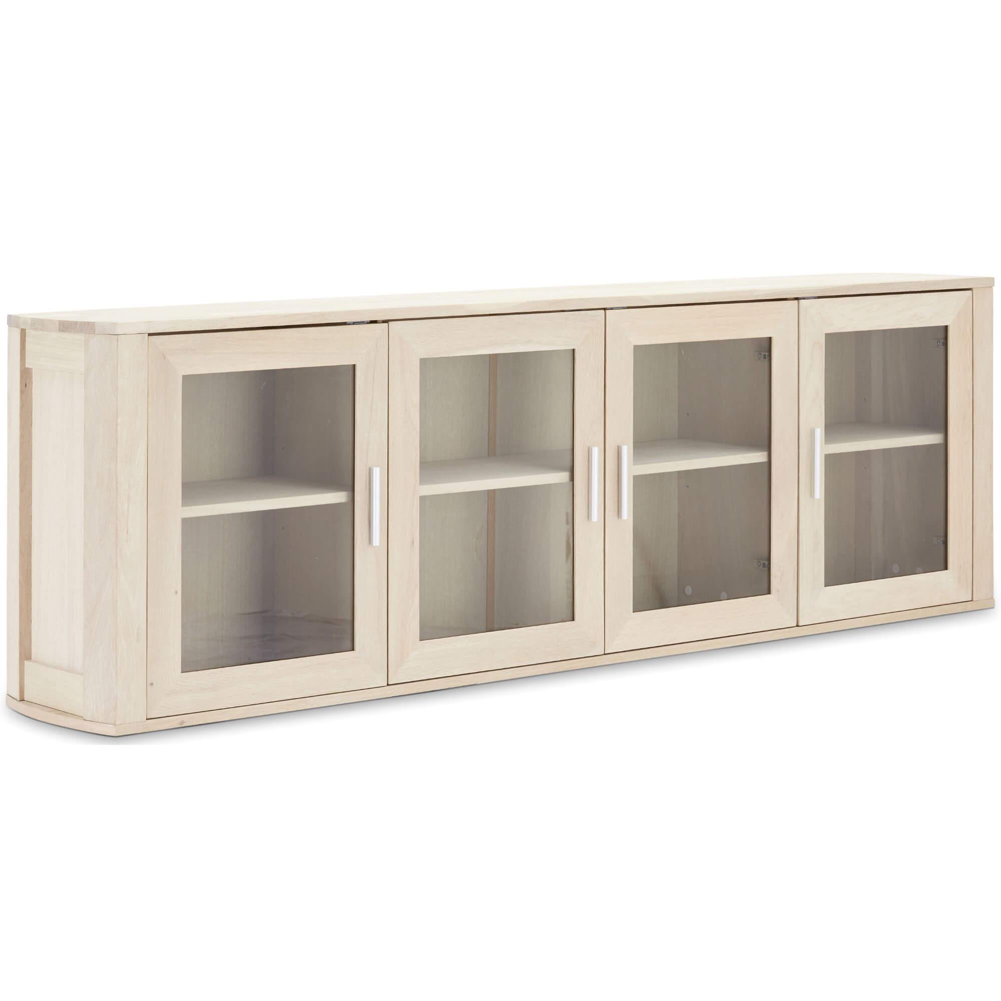 Elegant 4-Door Wall Cabinet in solid oak finish with clear glass doors, showcasing stylish storage for home interiors.