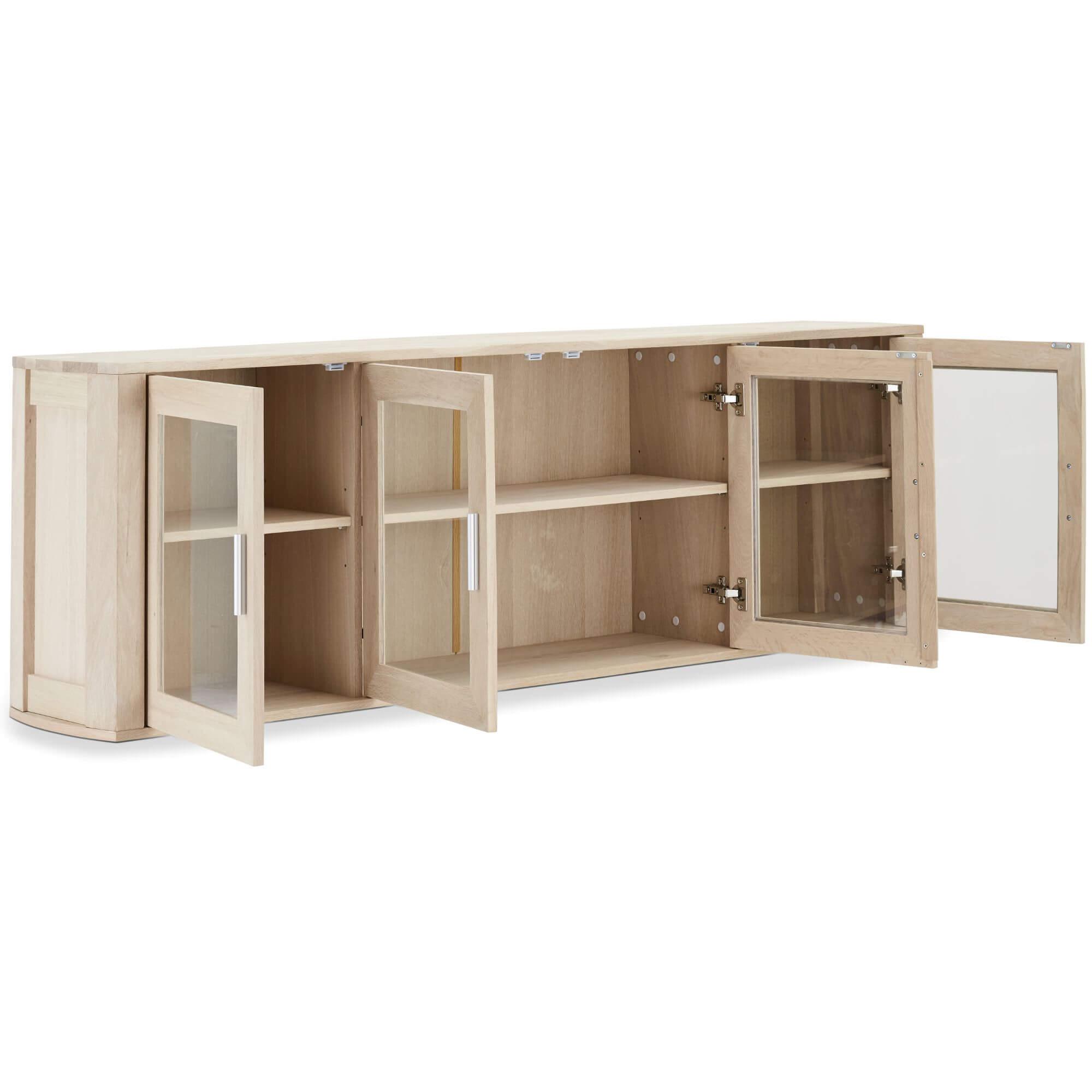 Elegant 4-Door Wall Cabinet in solid oak finish with clear glass doors, showcasing stylish storage for home interiors.