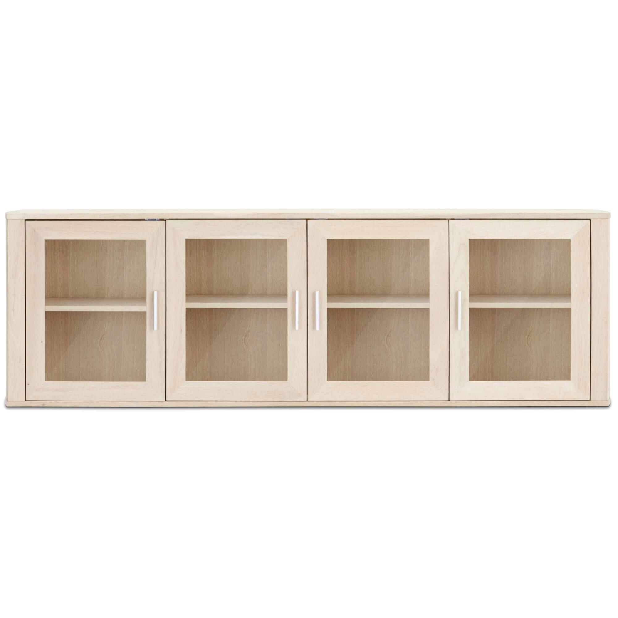 Elegant 4-Door Wall Cabinet in solid oak finish with clear glass doors, showcasing stylish storage for home interiors.