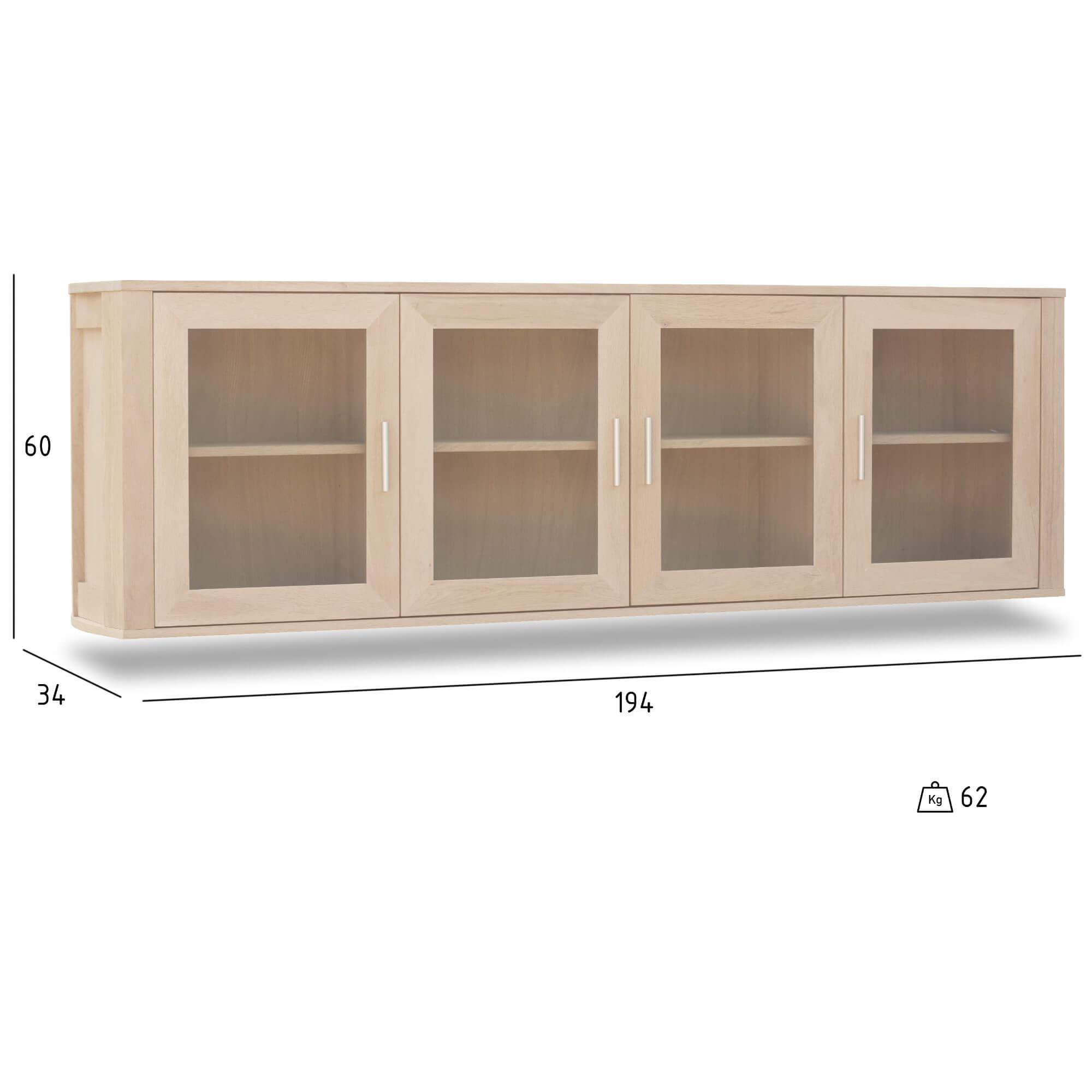 Elegant 4-Door Wall Cabinet in solid oak finish with clear glass doors, showcasing stylish storage for home interiors.