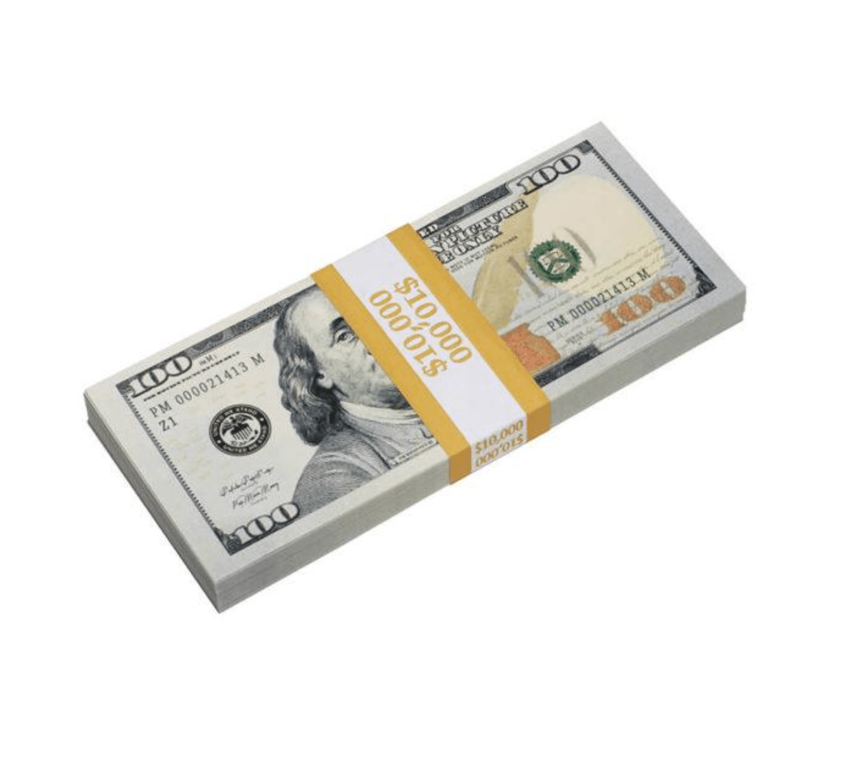 Five stacks of $50,000 New Money Prop Money with blank filler, designed for film and photography use.