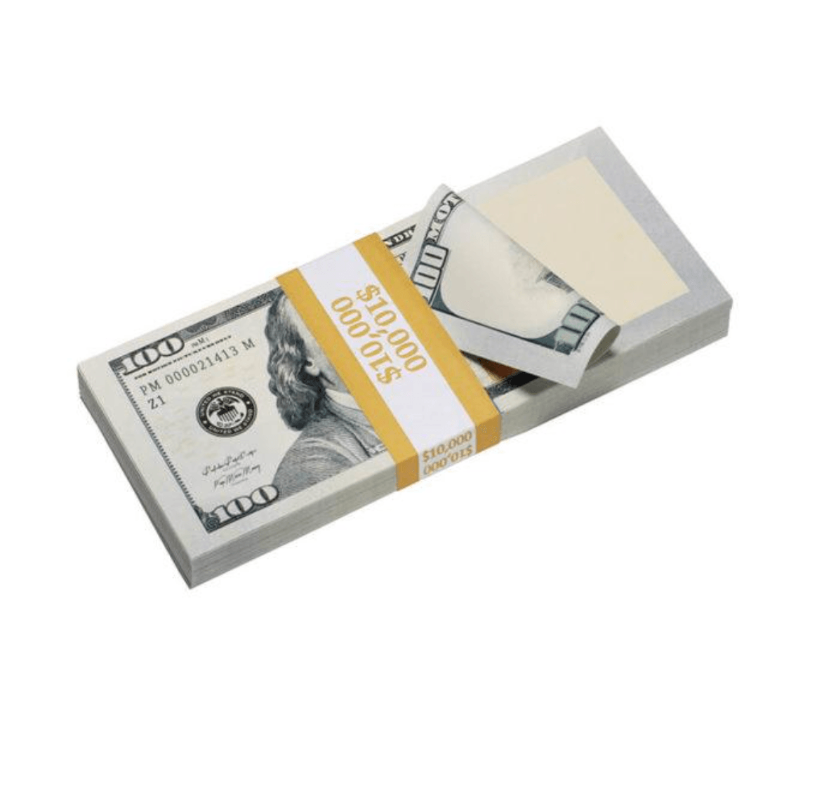 Five stacks of $50,000 New Money Prop Money with blank filler, designed for film and photography use.