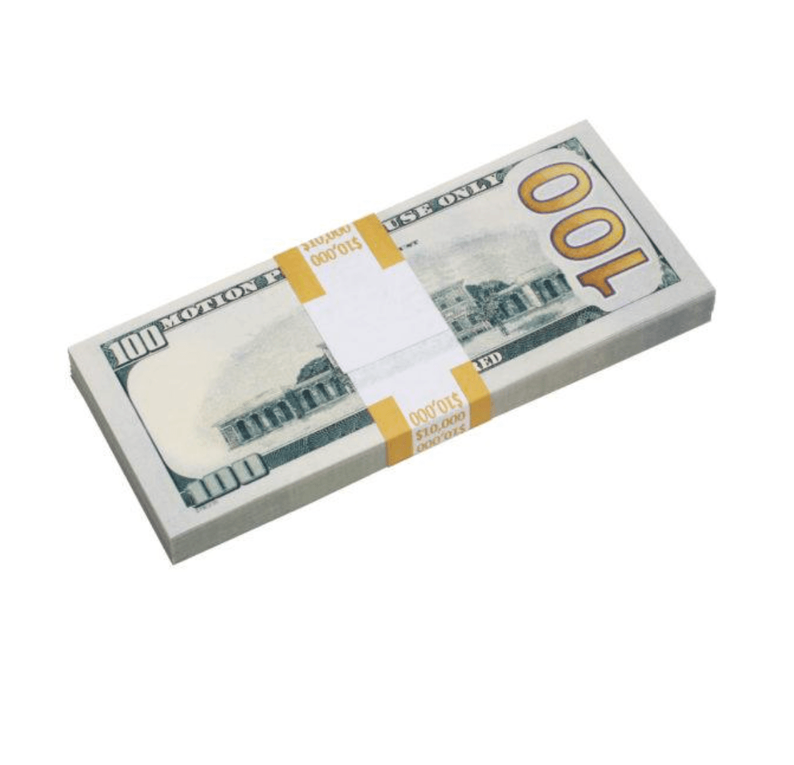 Five stacks of $50,000 New Money Prop Money with blank filler, designed for film and photography use.