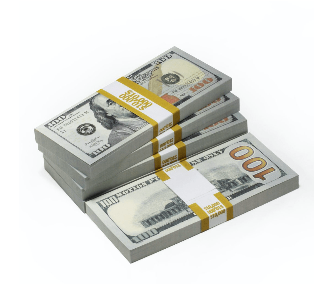 Five stacks of realistic $50,000 prop money with full print on both sides, ideal for film and photography.