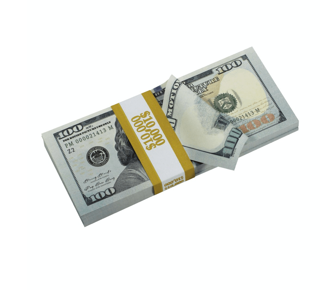 Five stacks of realistic $50,000 prop money with full print on both sides, ideal for film and photography.