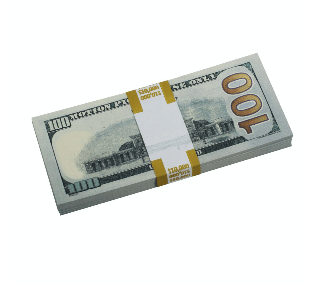 Five stacks of realistic $50,000 prop money with full print on both sides, ideal for film and photography.