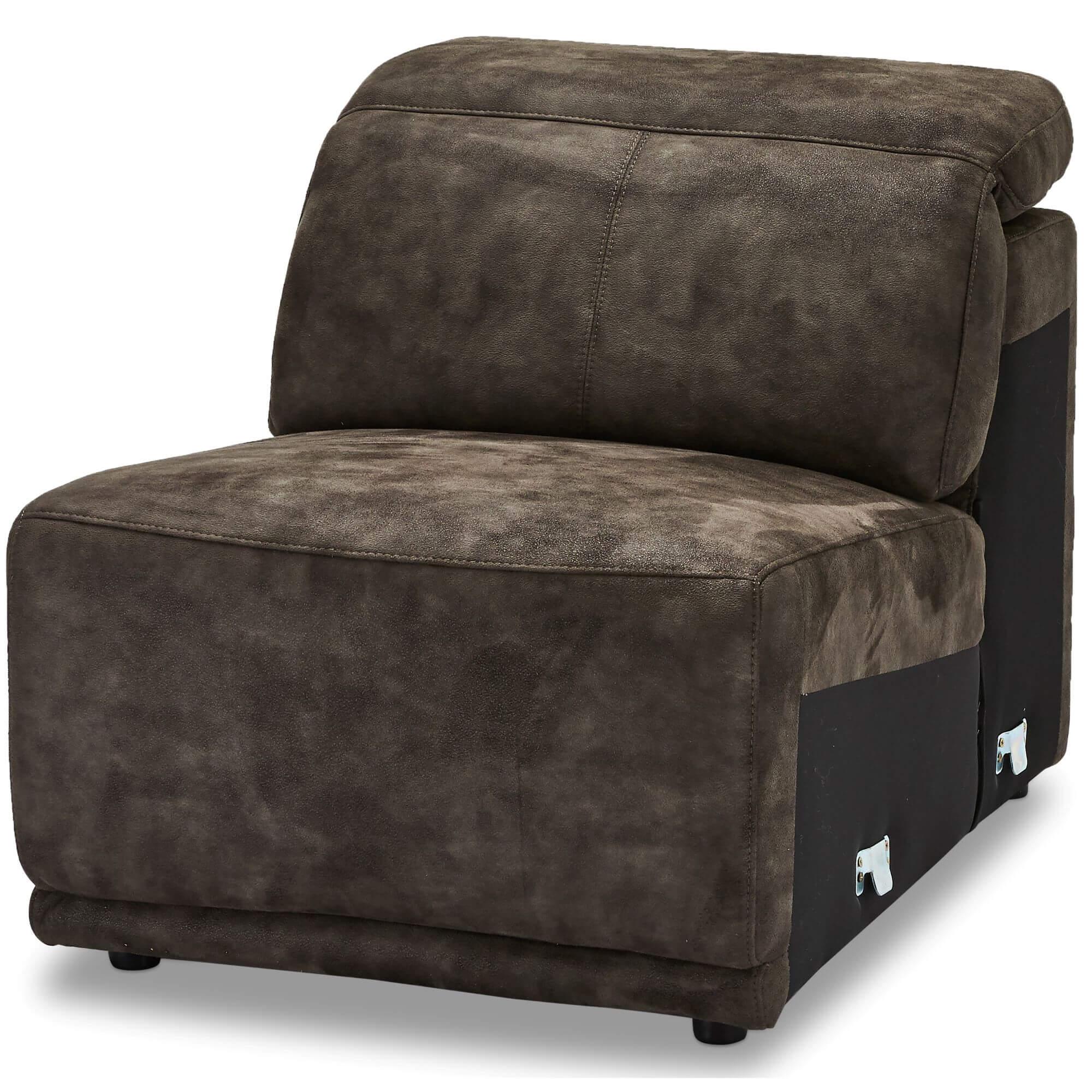 Armless sofa module in rich brown fabric, showcasing its sleek design and dense foam padding.