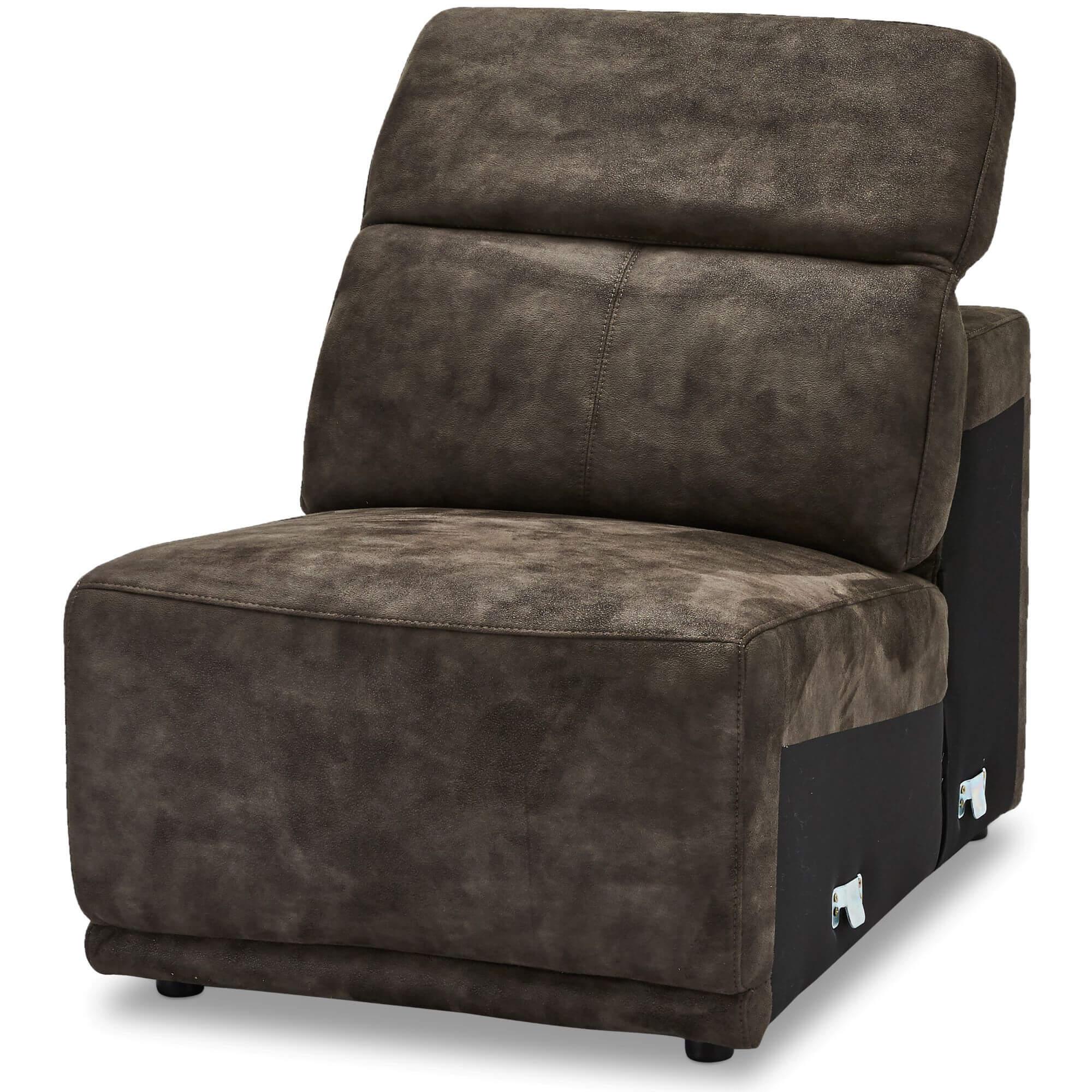 Armless sofa module in rich brown fabric, showcasing its sleek design and dense foam padding.