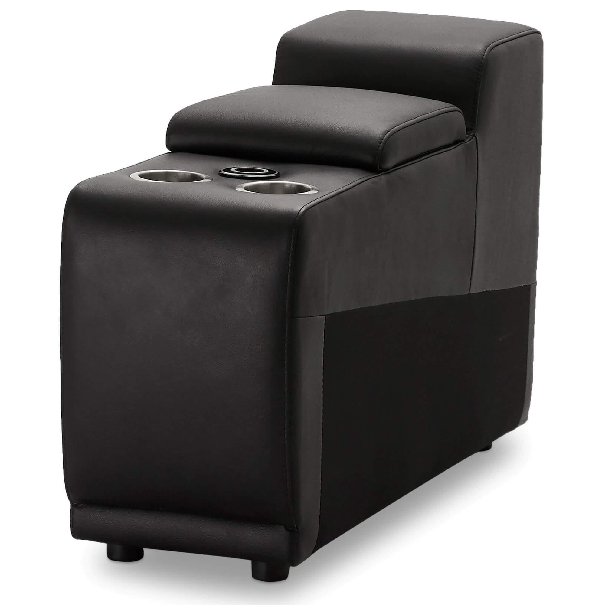 Elegant black leather bar sofa module with cupholders and wireless charger, featuring soft padded armrests.