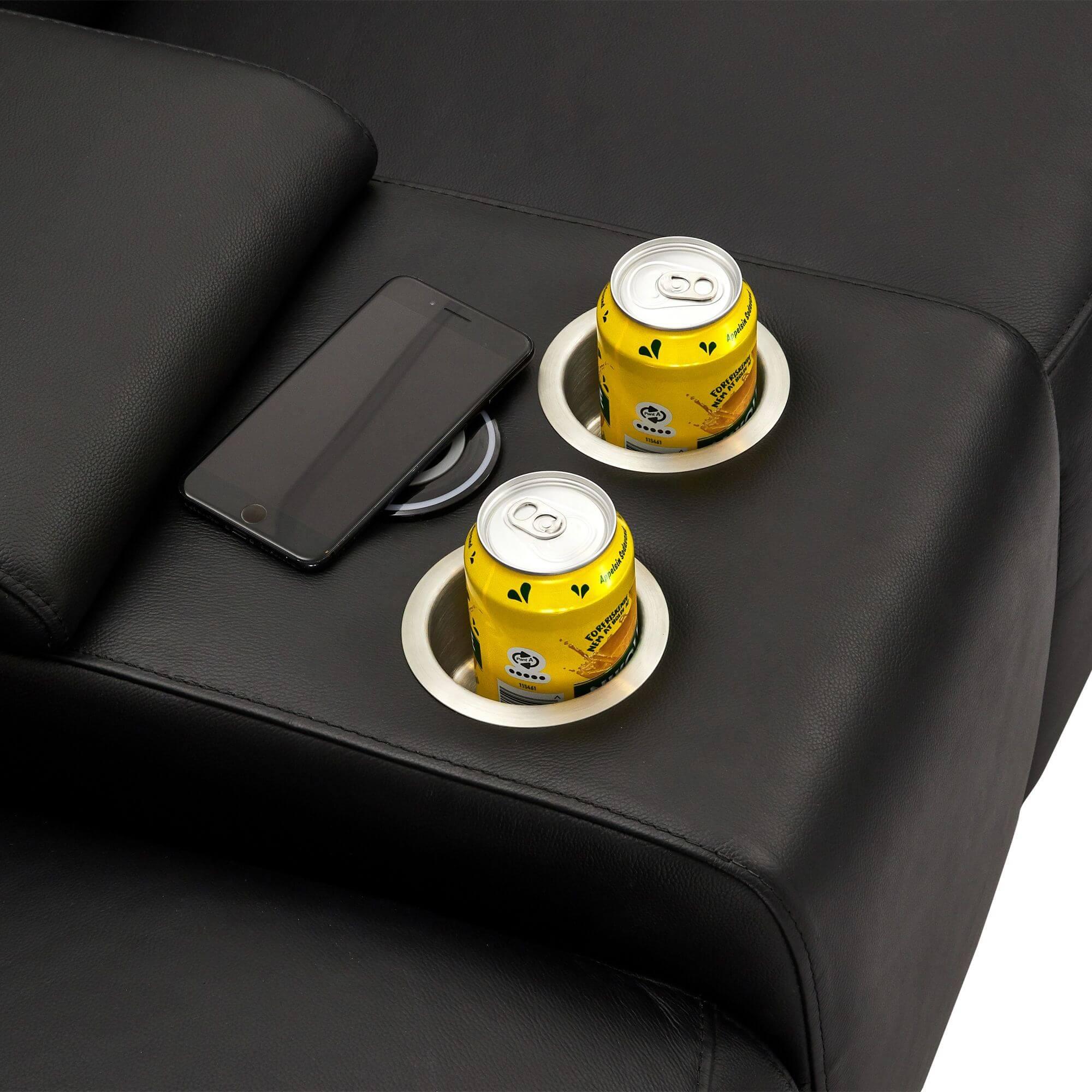 Elegant black leather bar sofa module with cupholders and wireless charger, featuring soft padded armrests.