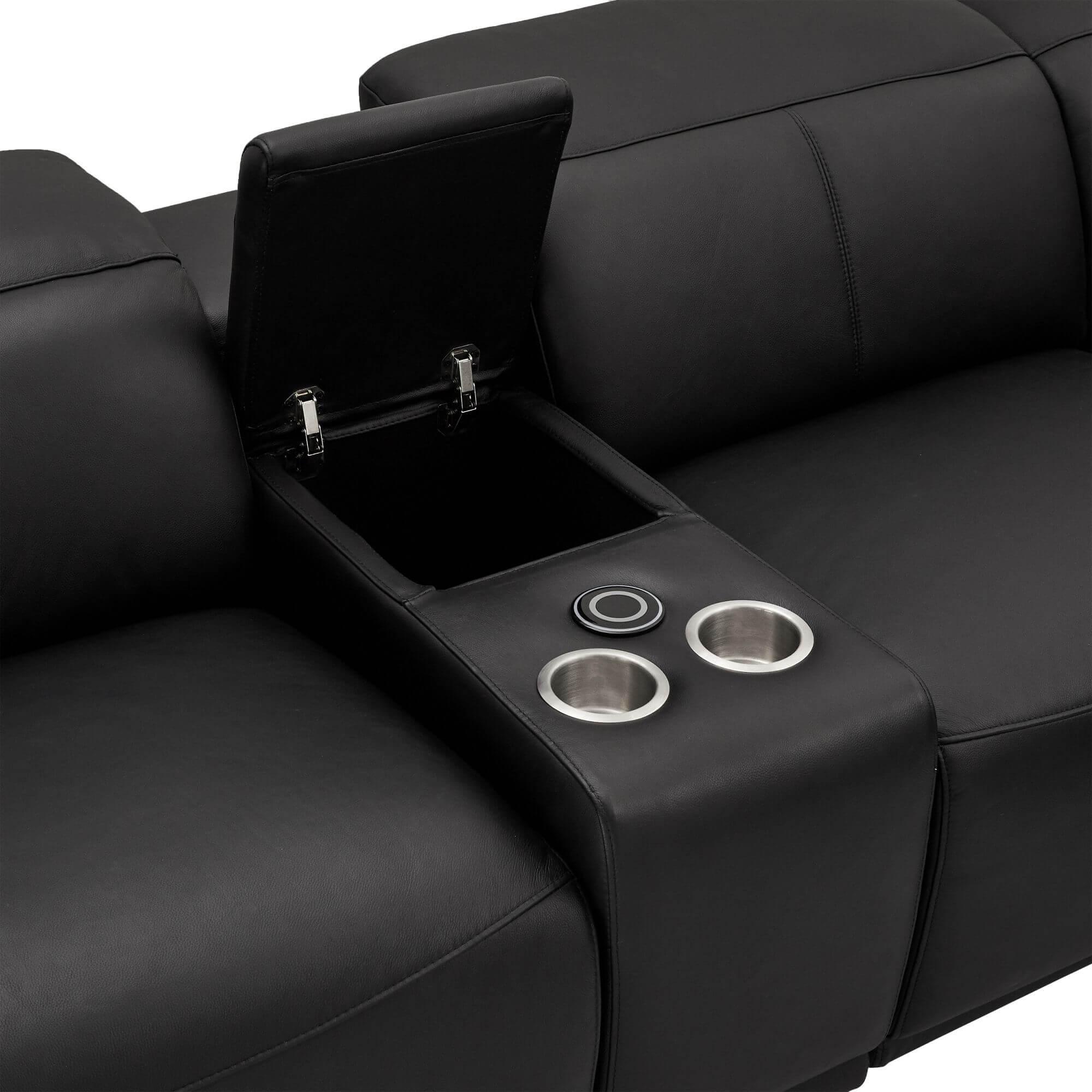 Elegant black leather bar sofa module with cupholders and wireless charger, featuring soft padded armrests.