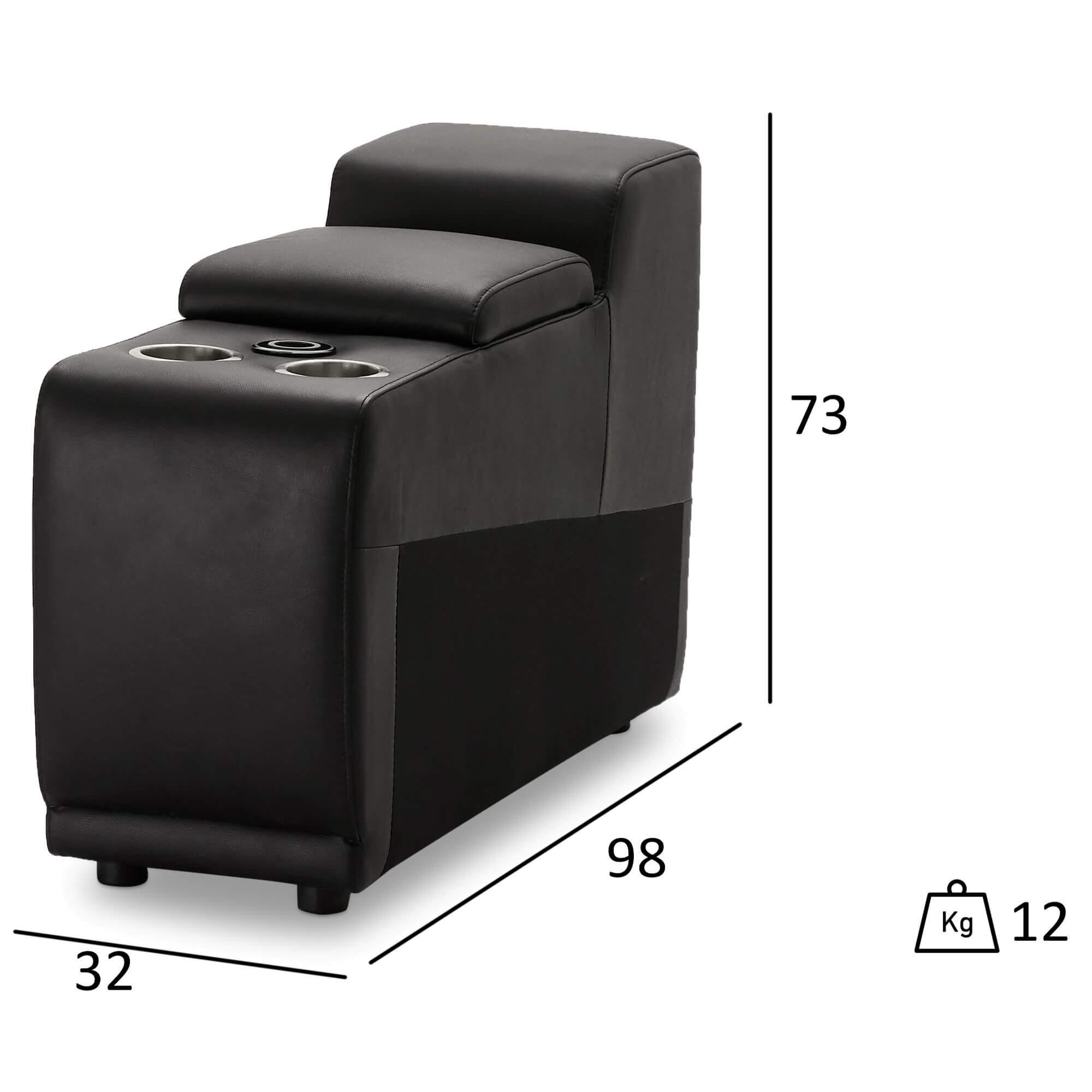 Elegant black leather bar sofa module with cupholders and wireless charger, featuring soft padded armrests.