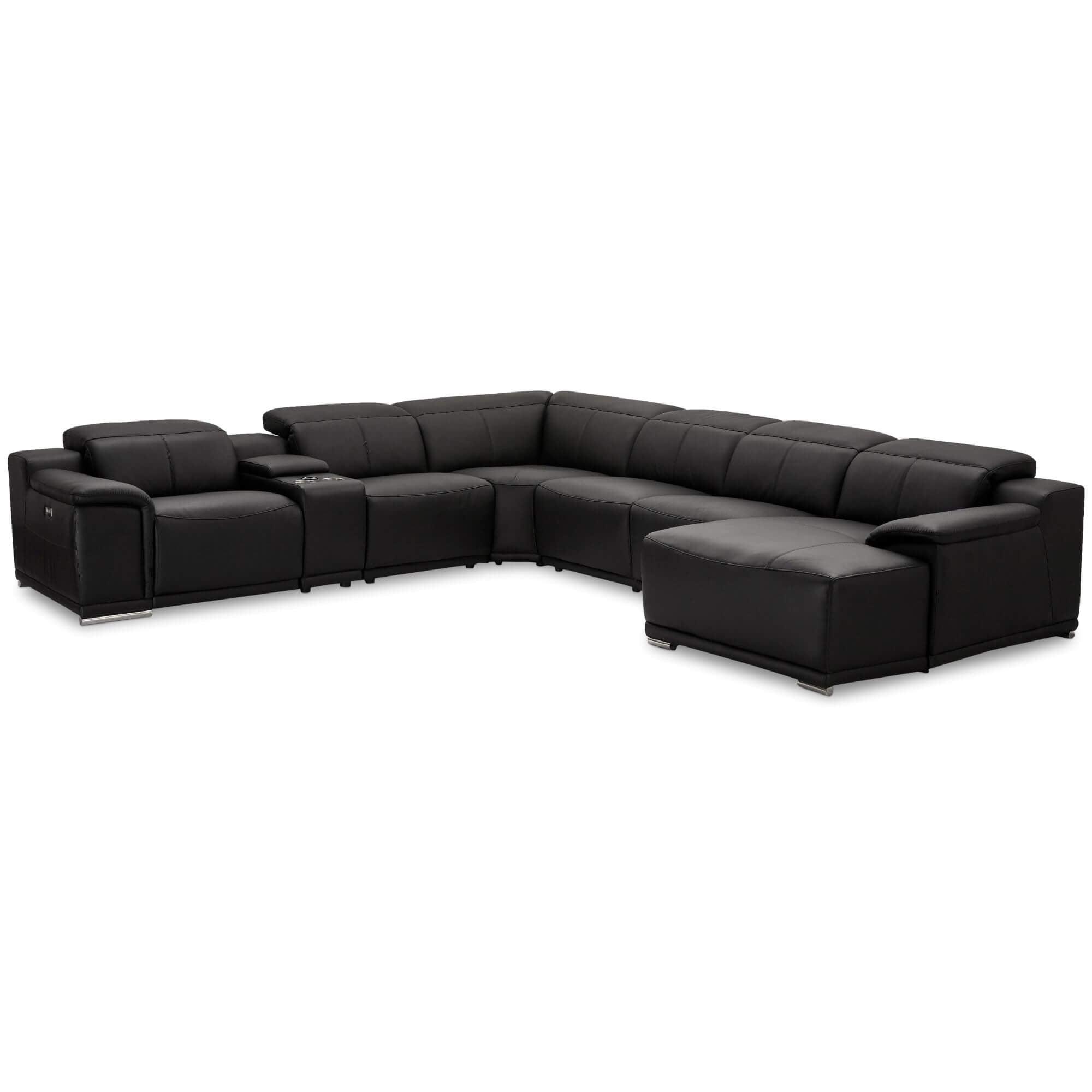 Elegant black leather bar sofa module with cupholders and wireless charger, featuring soft padded armrests.