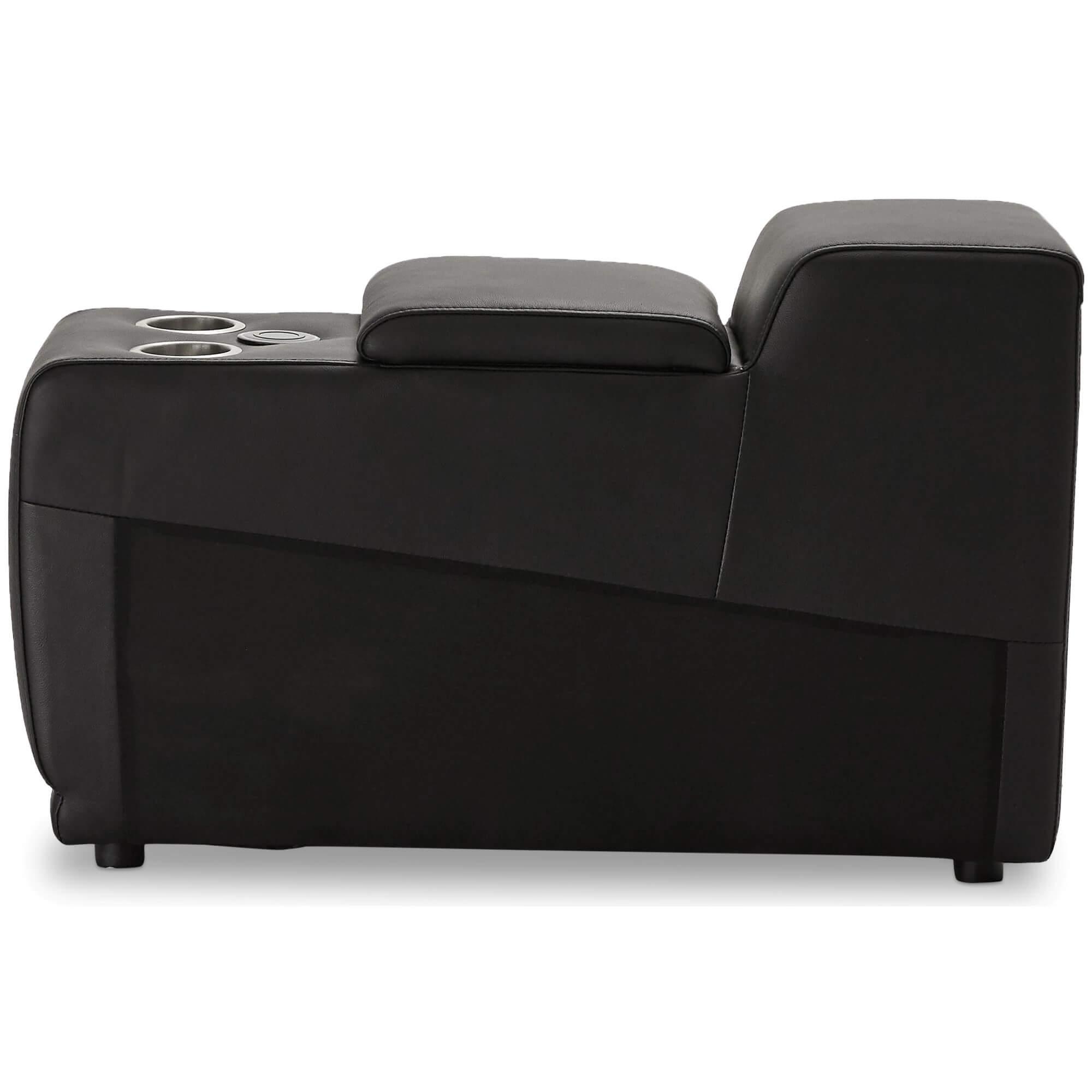 Elegant black leather bar sofa module with cupholders and wireless charger, featuring soft padded armrests.