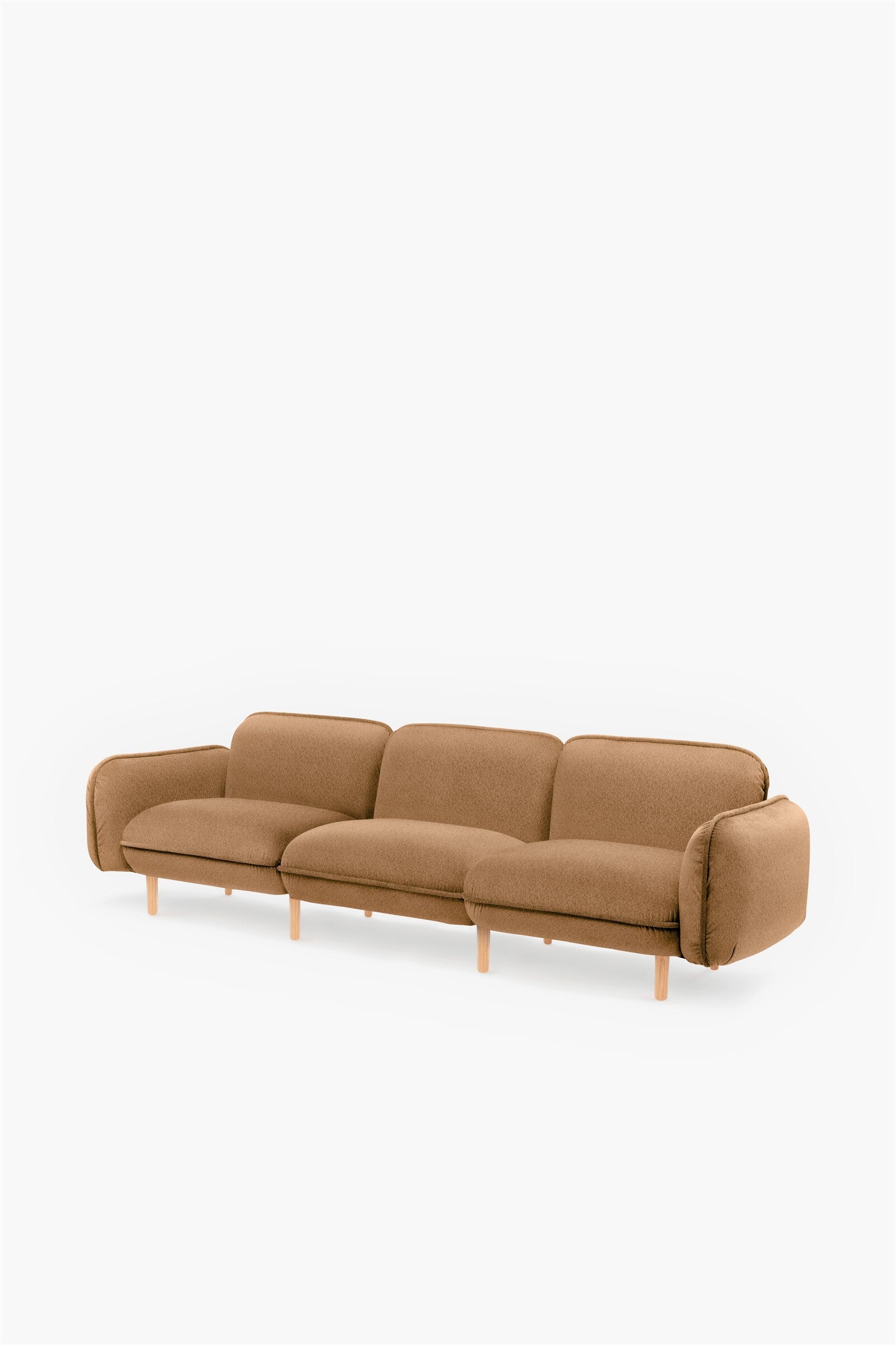 Bean modular sofa with rounded corners, elegant wooden legs, and soft pleated velour fabric in five color options.