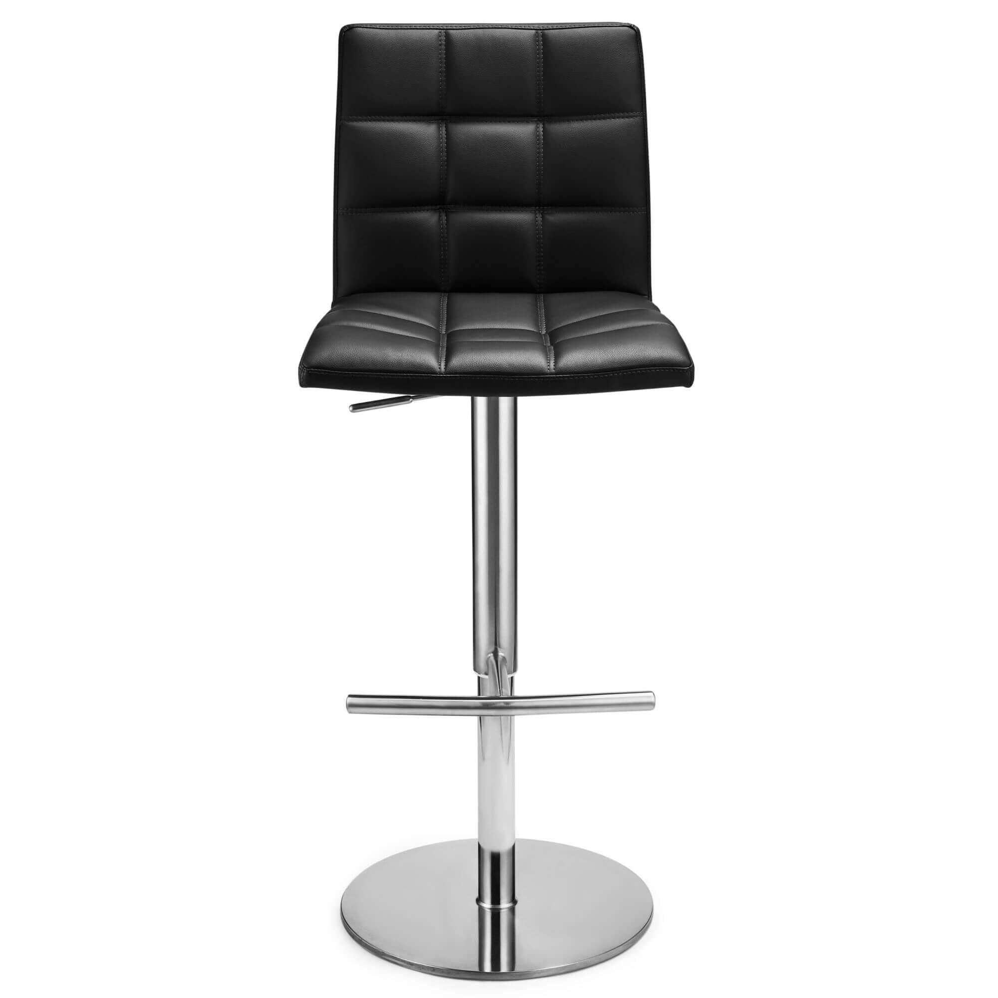 Stylish Black Bar Chairs Alena with shiny silver metal base and soft rounded edges, perfect for kitchen or bar settings.