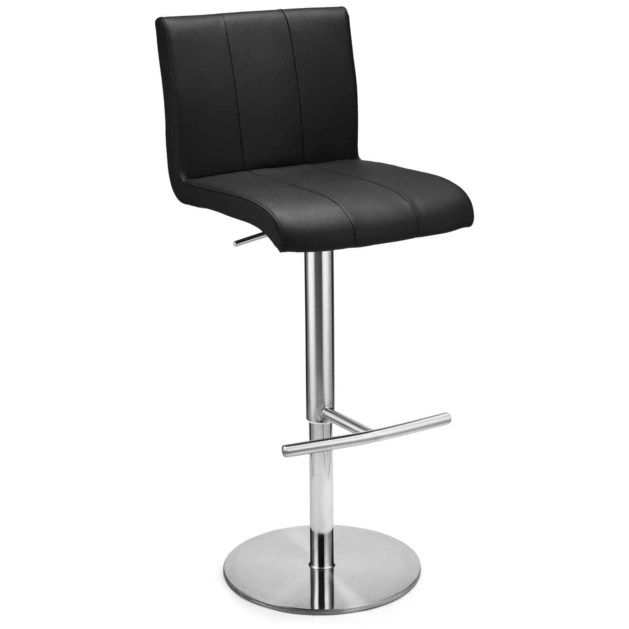 Stylish Black Bar Chairs Nikola with solid silver base and black faux leather upholstery, perfect for modern interiors.