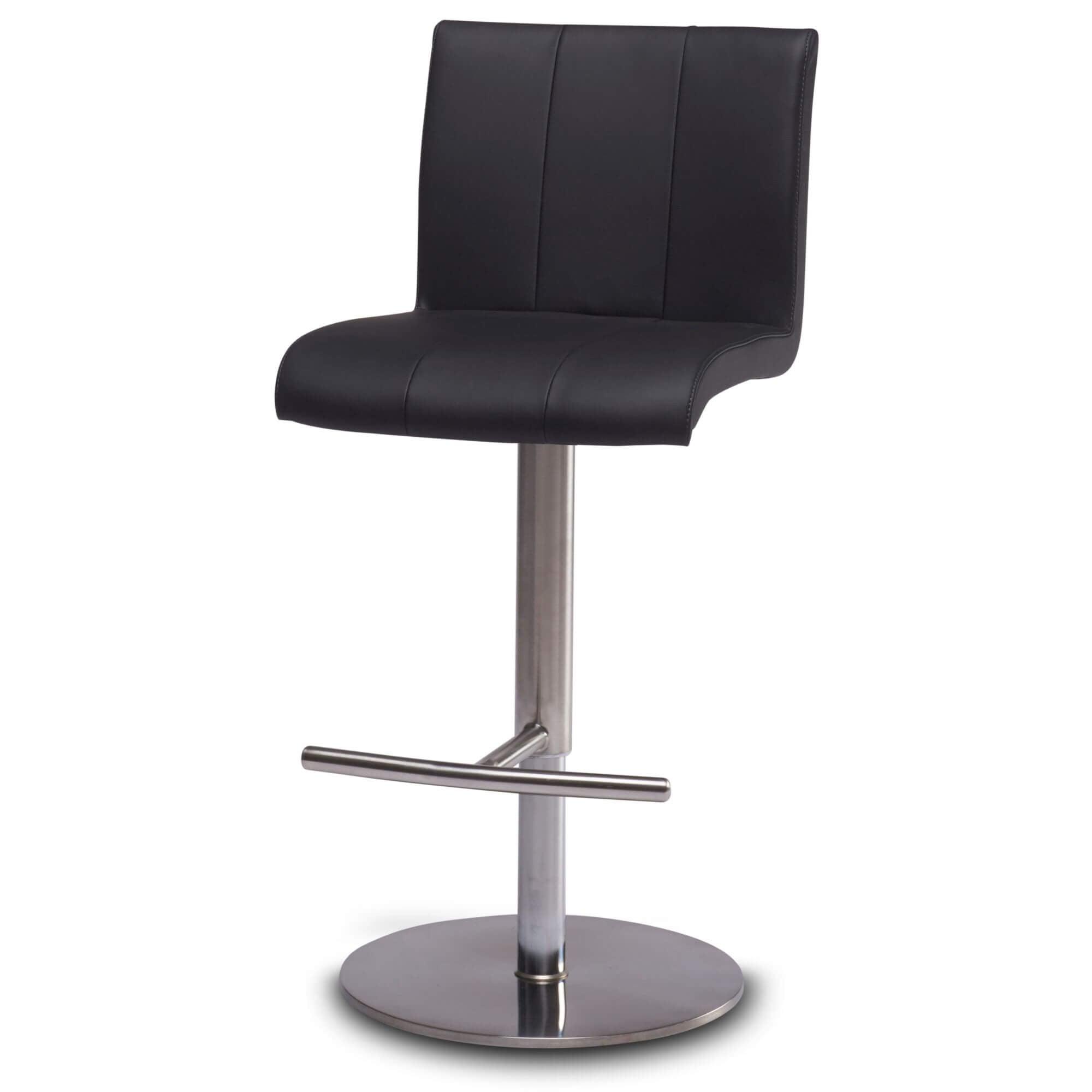 Stylish Black Bar Chairs Nikola with solid silver base and black faux leather upholstery, perfect for modern interiors.