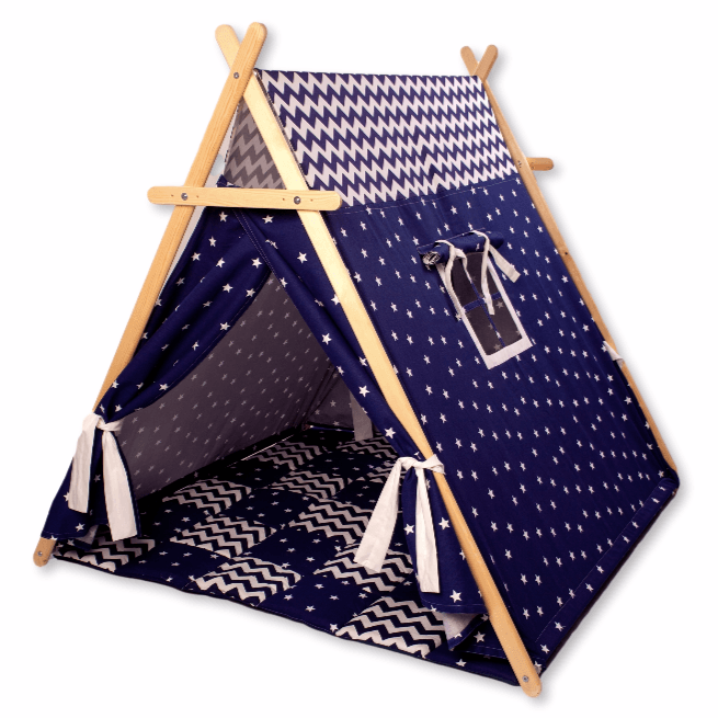 A colorful Blue Stars Play Tent and Play Mat set up in a cozy room, featuring star lights and wooden poles, perfect for children's imaginative play.