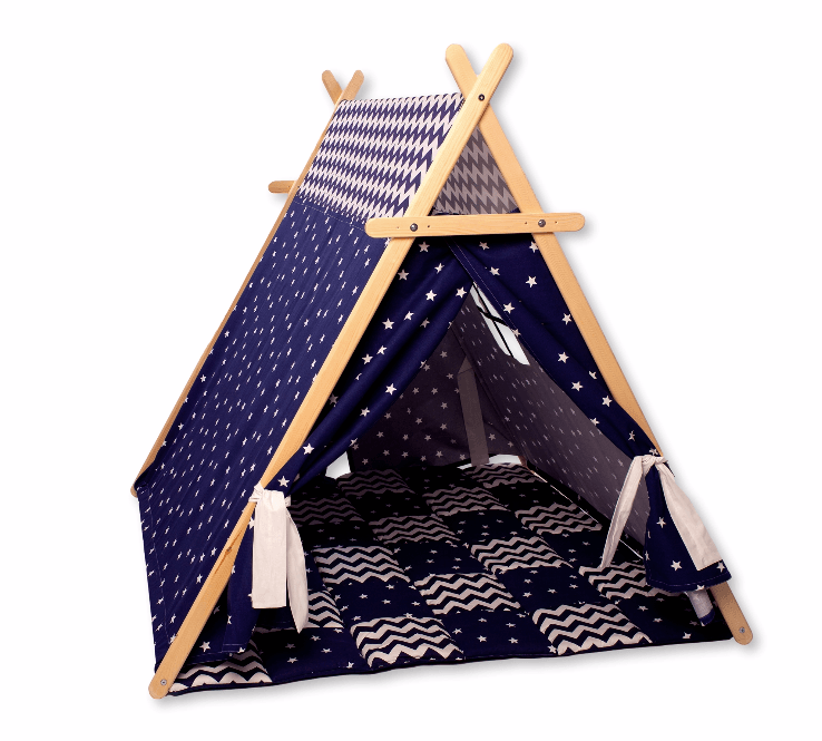 A colorful Blue Stars Play Tent and Play Mat set up in a cozy room, featuring star lights and wooden poles, perfect for children's imaginative play.