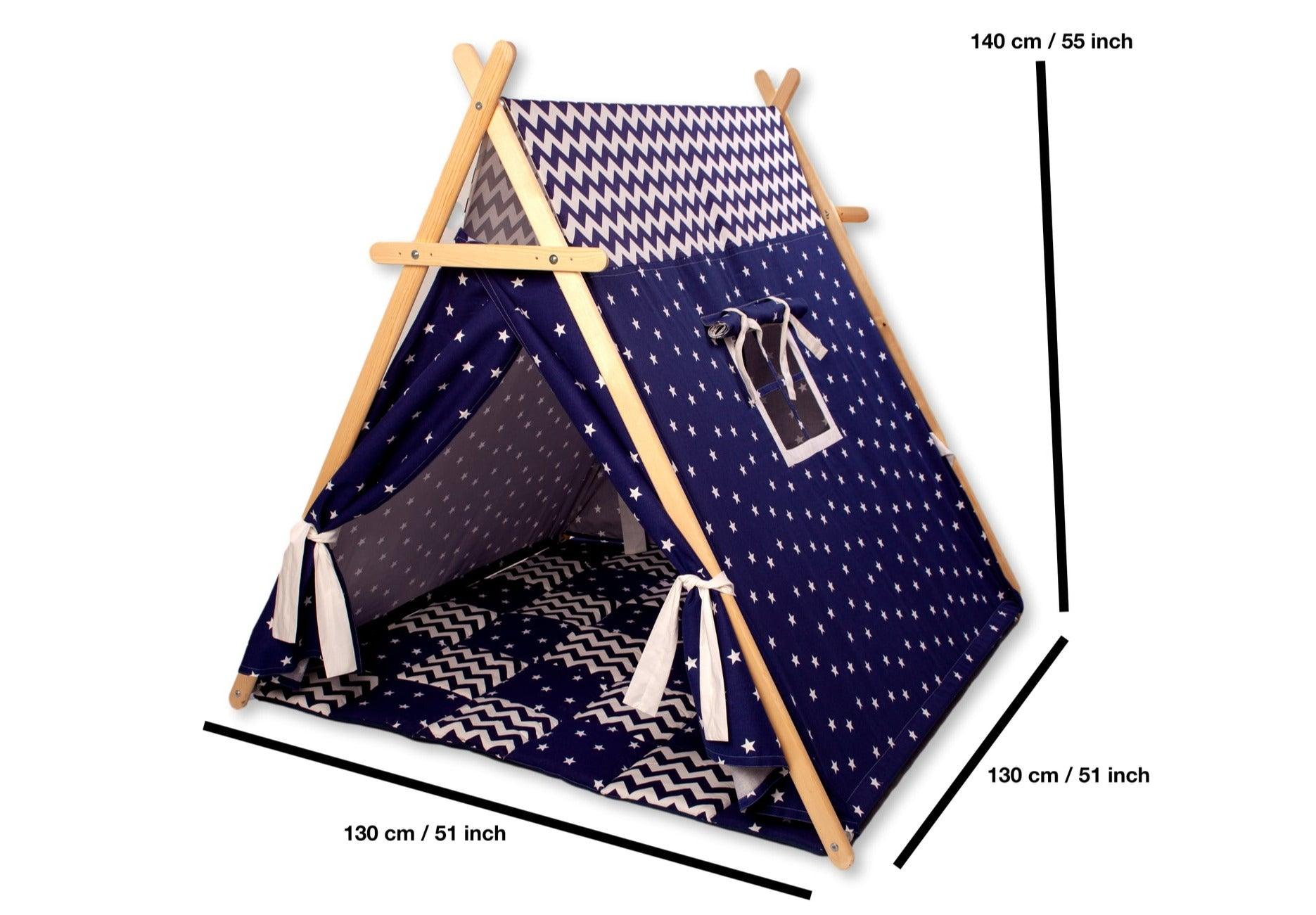 A colorful Blue Stars Play Tent and Play Mat set up in a cozy room, featuring star lights and wooden poles, perfect for children's imaginative play.