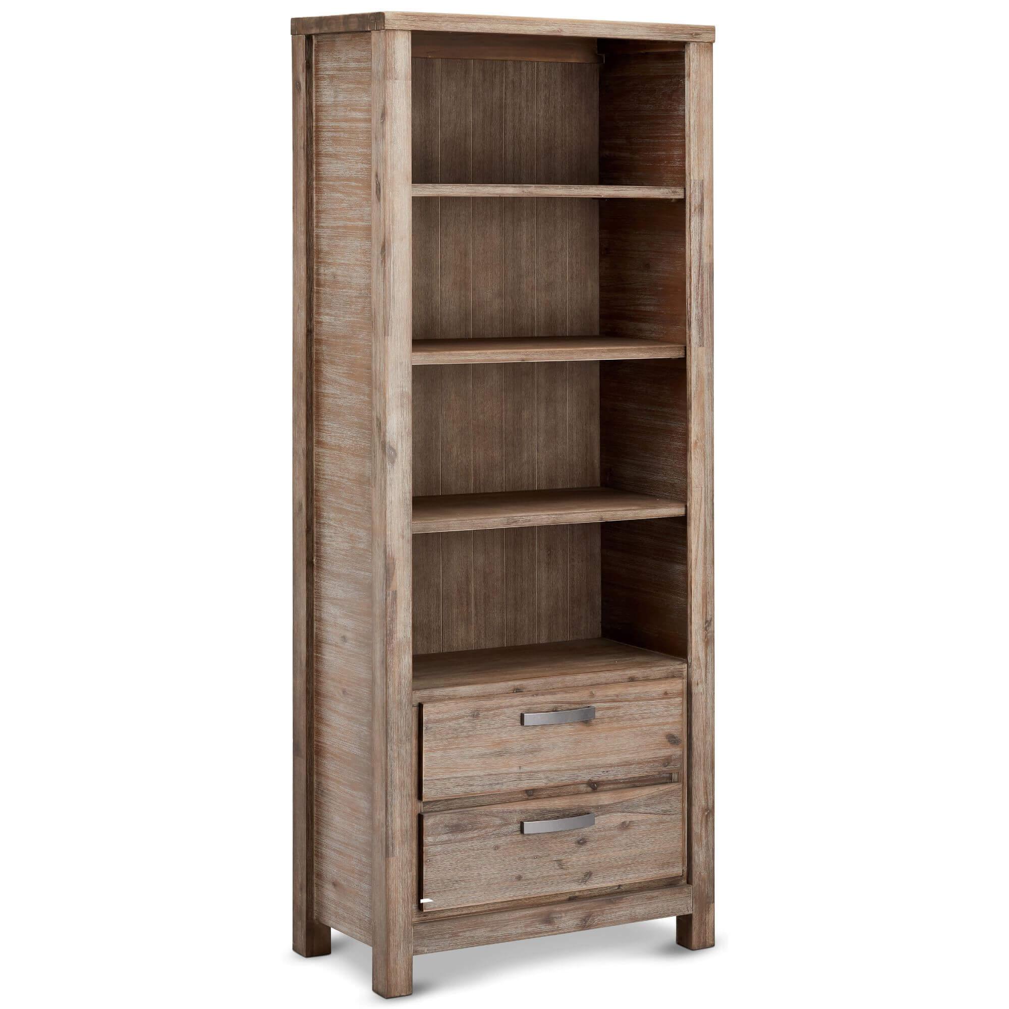 Elegant Bookcase Alaska made of solid acacia wood, showcasing its unique grain and warm tones, perfect for displaying books and decor.