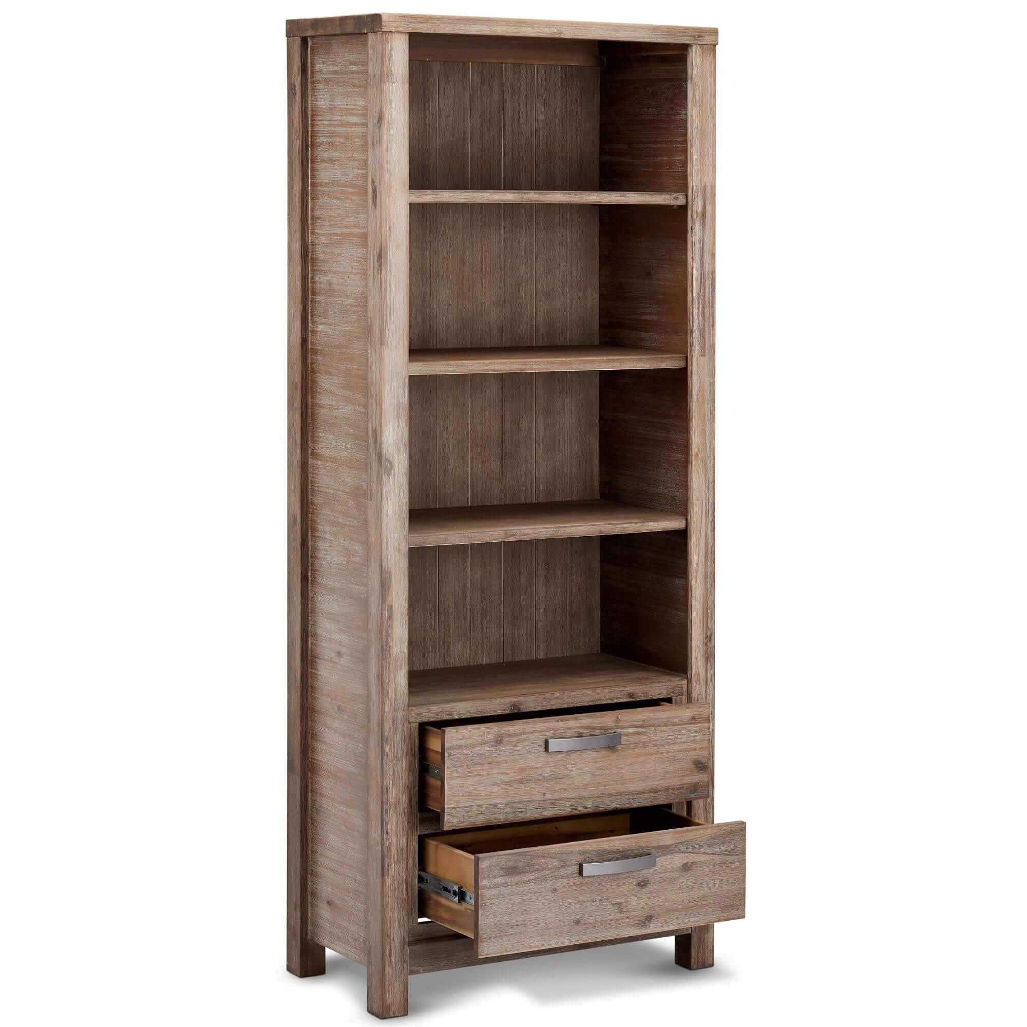 Elegant Bookcase Alaska made of solid acacia wood, showcasing its unique grain and warm tones, perfect for displaying books and decor.