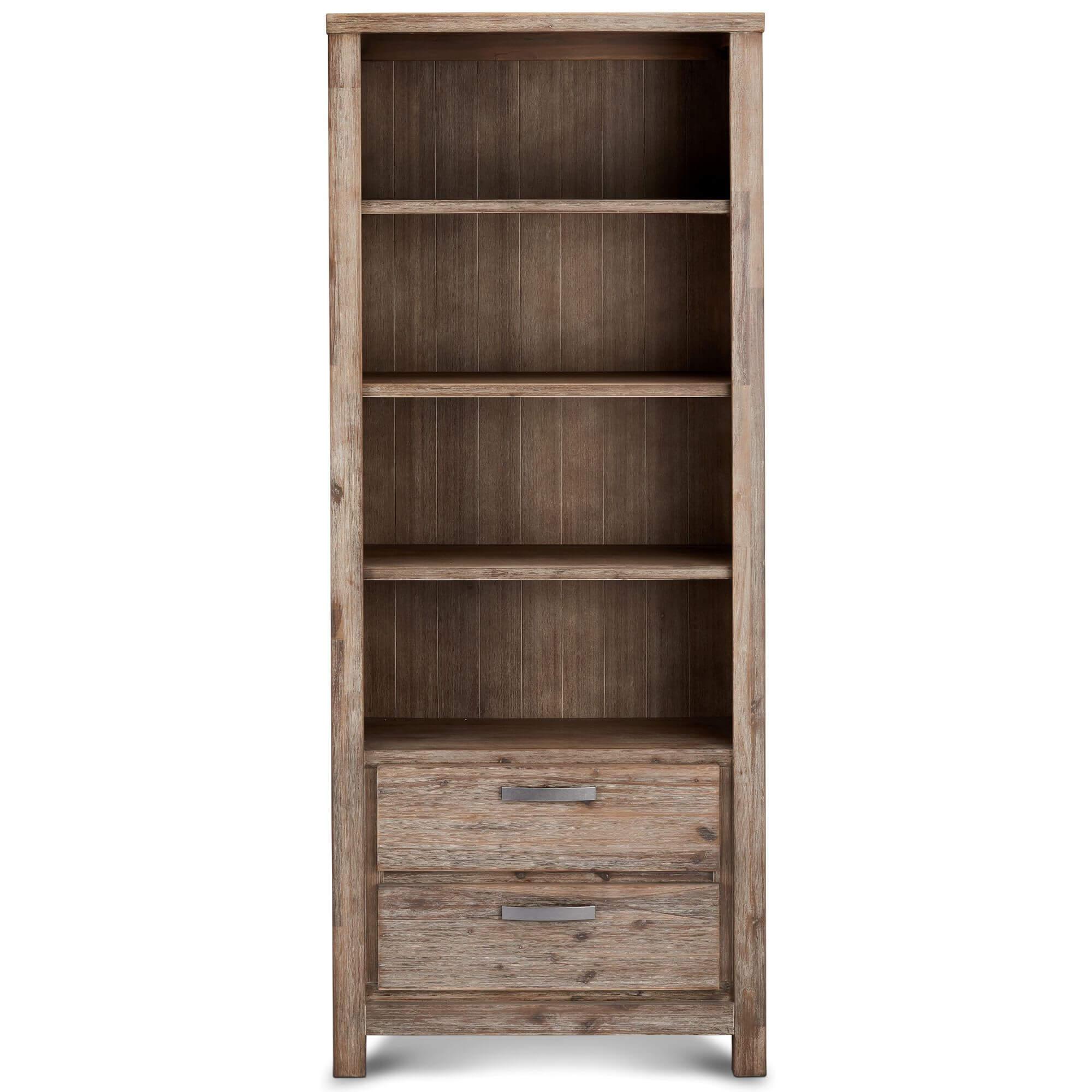 Elegant Bookcase Alaska made of solid acacia wood, showcasing its unique grain and warm tones, perfect for displaying books and decor.