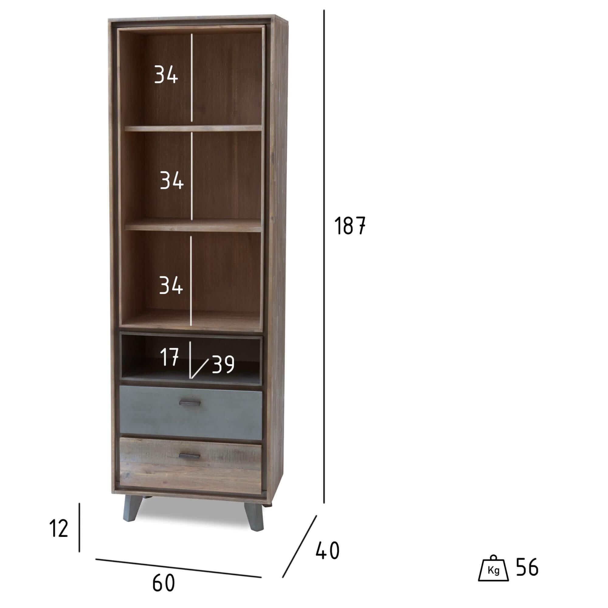 Bookcase Malaga made of solid acacia wood, featuring elegant design and ample storage space with practical drawers.