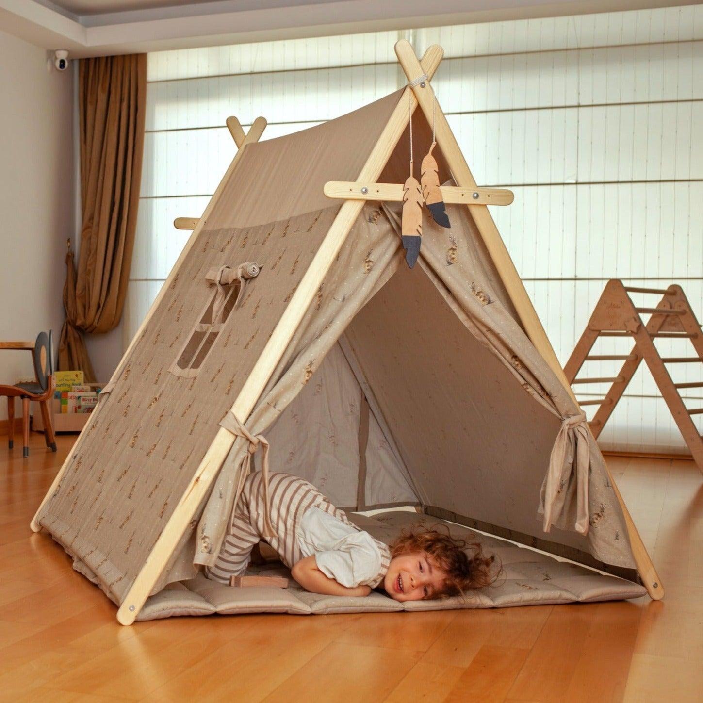 Bunny Play Tent and Play Mat for kids featuring a cute design, wooden poles, and star lights, perfect for indoor play.