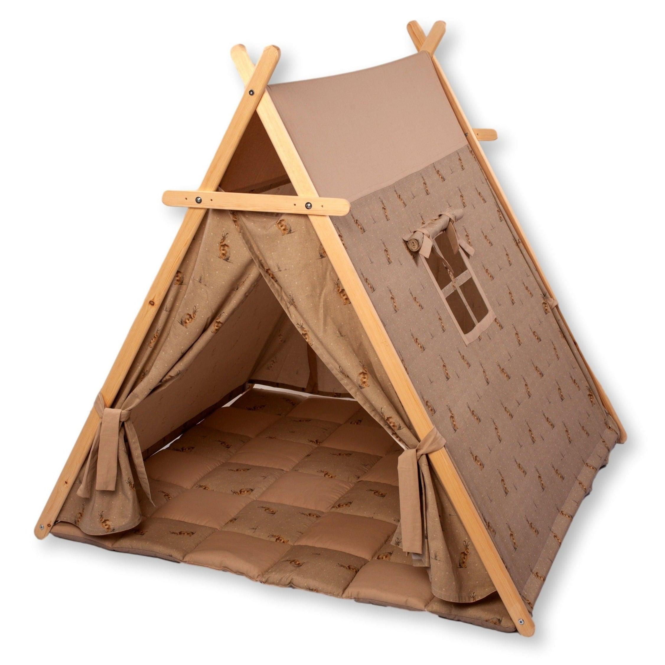 Bunny Play Tent and Play Mat for kids featuring a cute design, wooden poles, and star lights, perfect for indoor play.